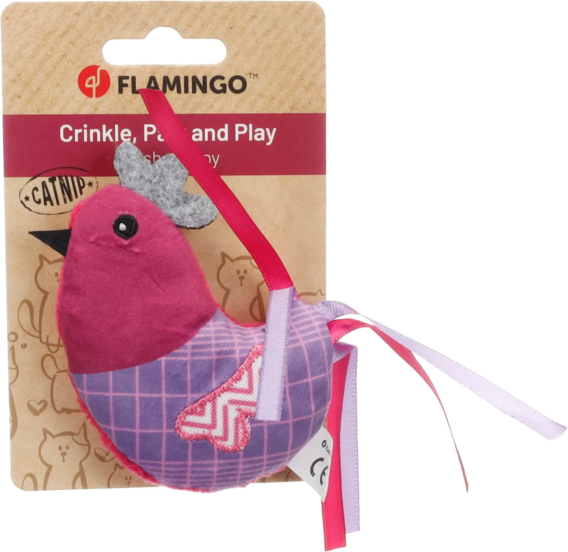 Flamingo giochi per gatti - gallina Prali viola - con erba gatta e nastri - gioco per gatti - 17,5x2,8x9,7cm