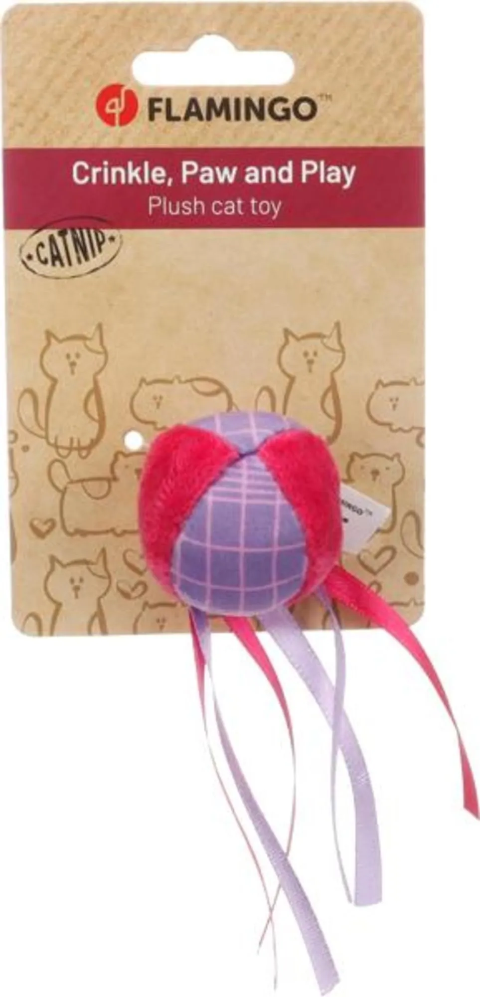 Flamingo giochi per gatti - palla Prali viola - con erba gatta e nastri - gioco interattivo per gatti - 13x4,5x4,5cm