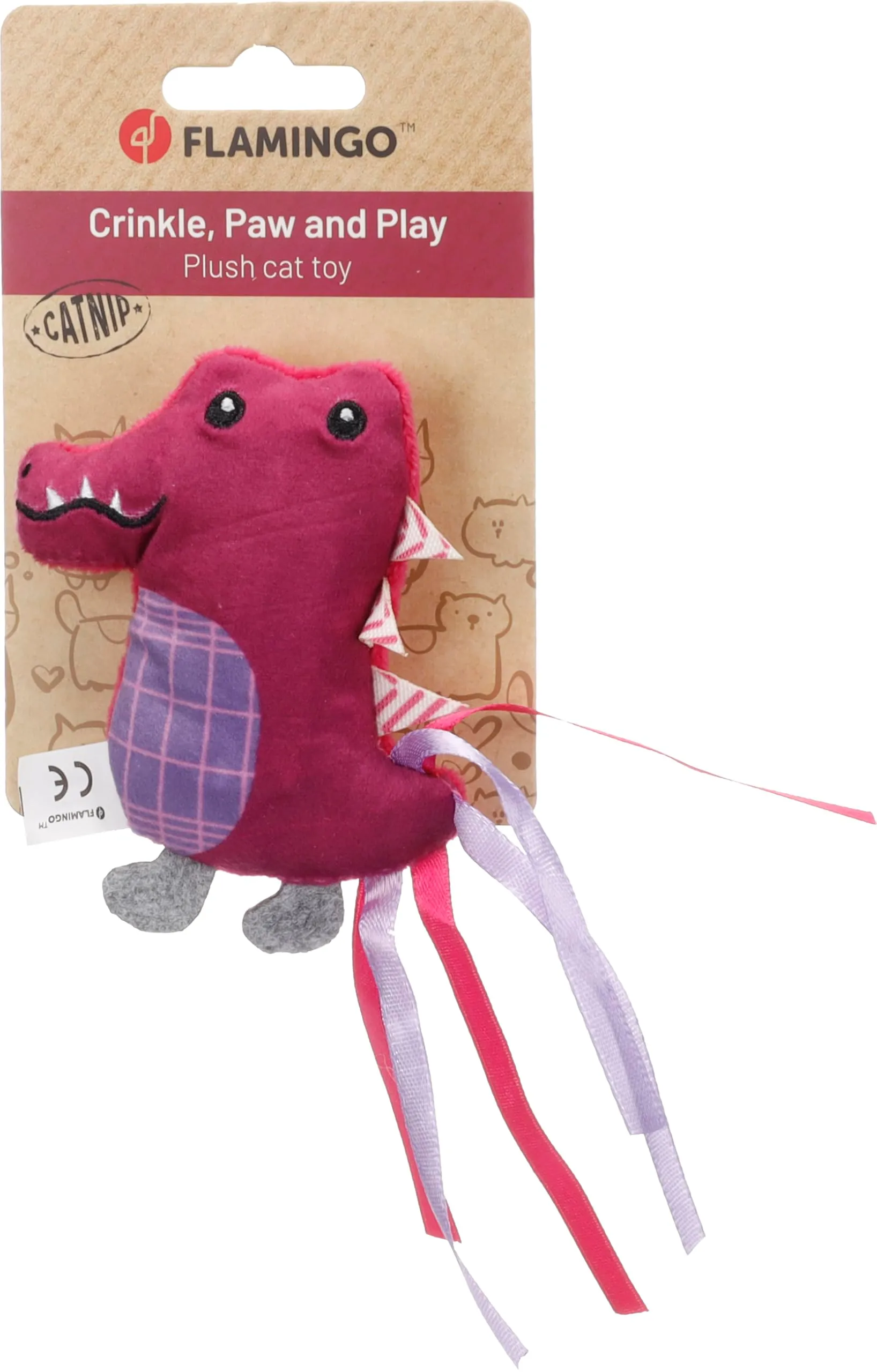 Flamingo giochi per gatti - coccodrillo Prali viola - con erba gatta e nastri - gioco stimolante per gatti - 8,5x2,8x16,5cm