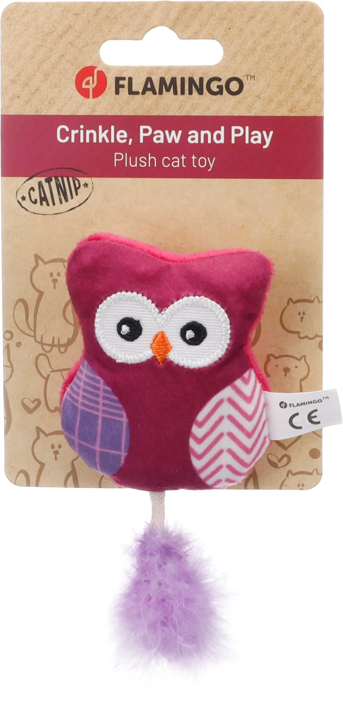 Flamingo giochi per gatti - gufo Prali viola - con erba gatta e piume - gioco interattivo per gatti - 5,7x2,7x11cm