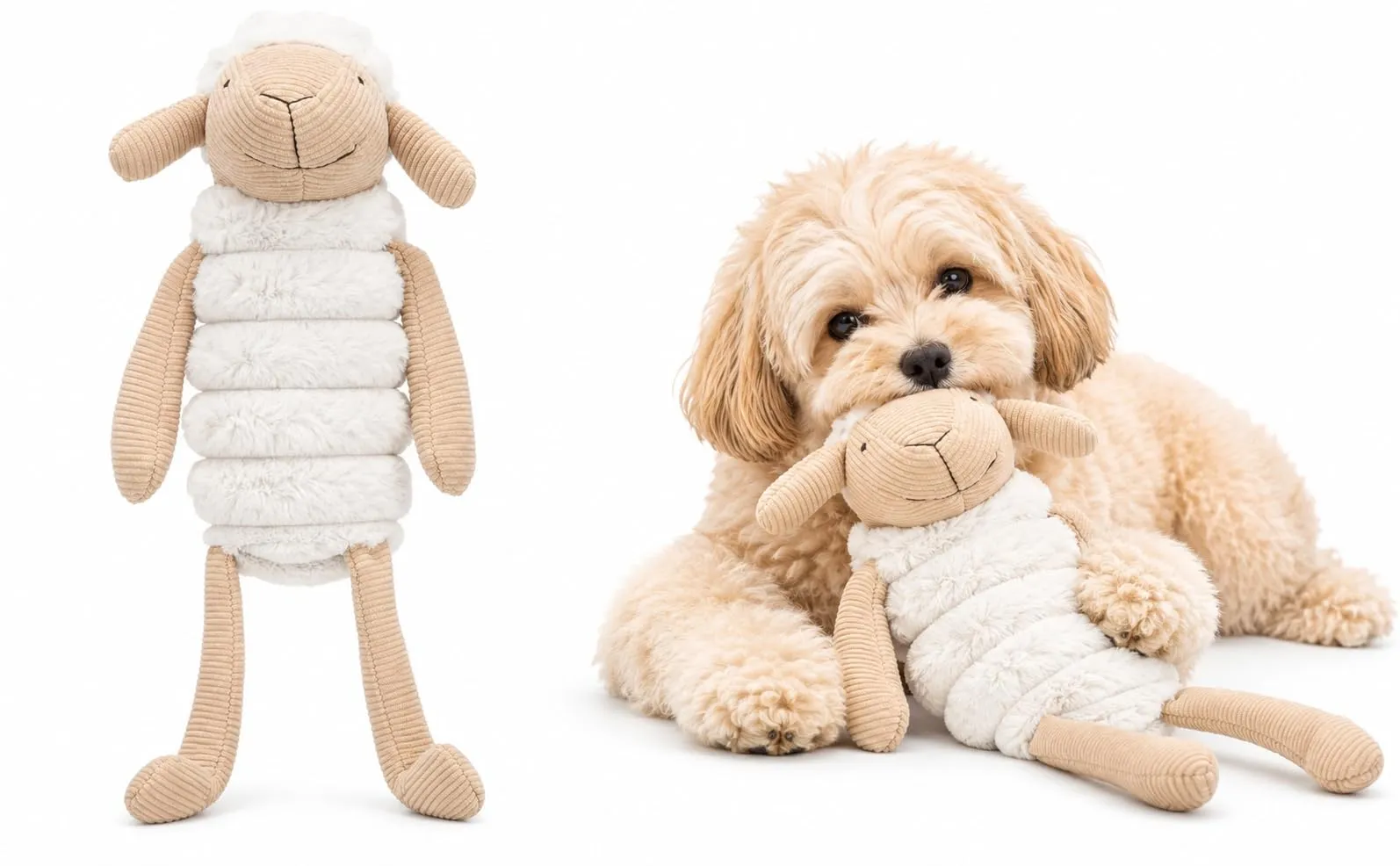Flamingo Giochi per cani - Pecora Ribola seduta beige - Morbido peluche con velluto a coste - Con squeaker - 19 x 15,5 x 49 cm