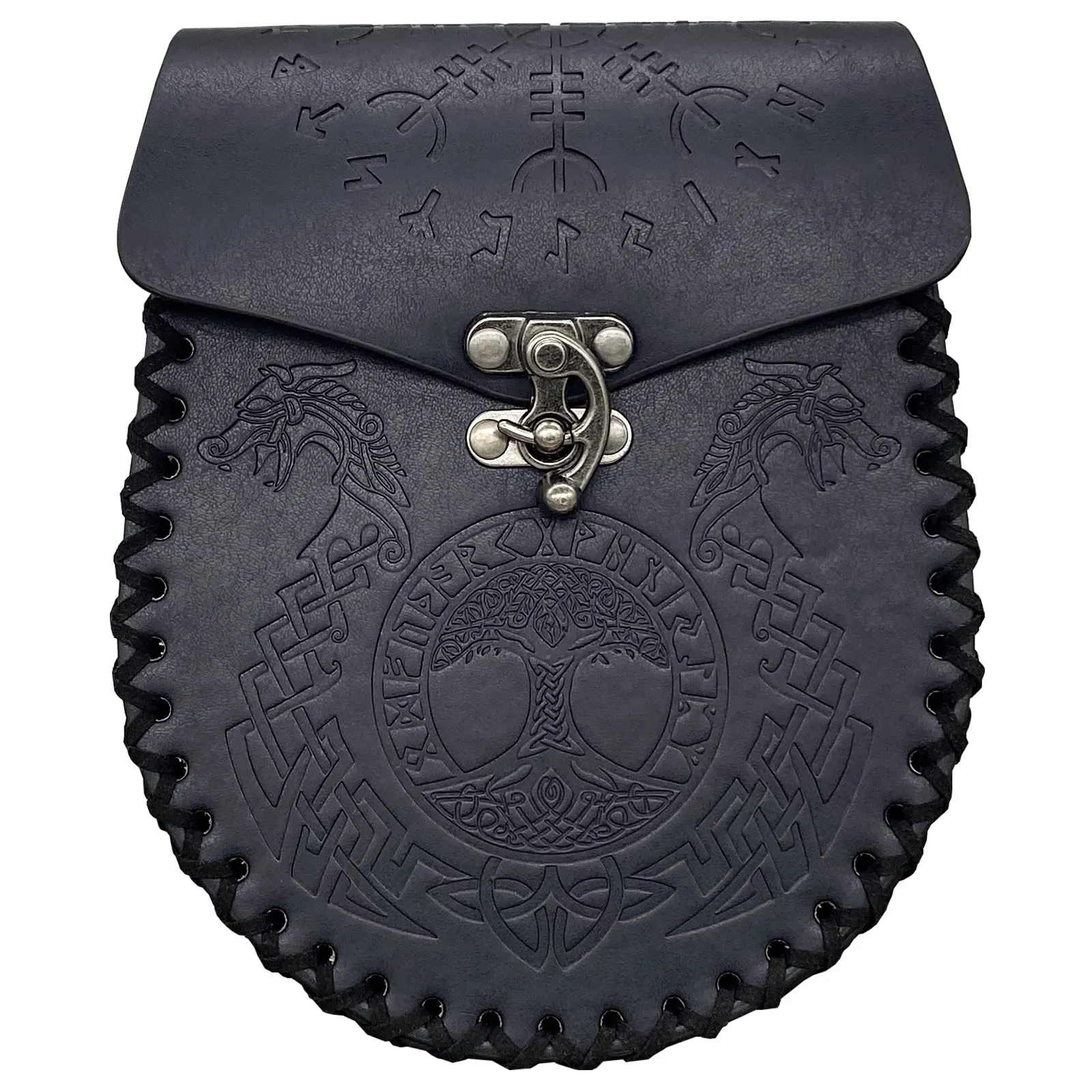 HiiFeuer Marsupio Nordico Goffrato in Ecopelle, Con Tasca Laterale, Stile che Ricorda il Medioevo, Marsupio Vintage per LARP Ren Faire (Dragon Nero)