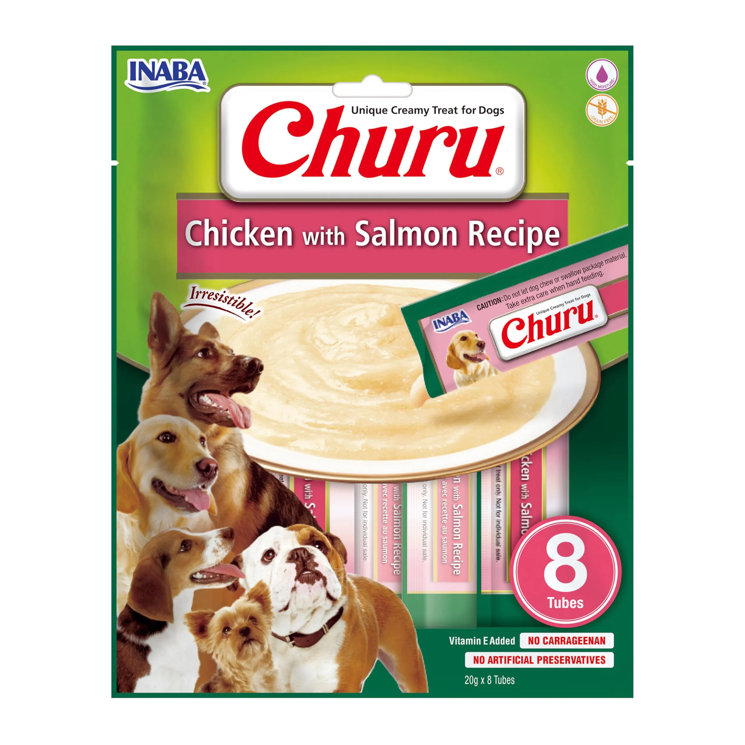 INABA Churu Snack per Cani Cremoso al Pollo e Salmone - 1 Pack (8 Stick x 20gr) - Premietti Cane Ipocalorici, Morbidi e Deliziosi, Cibo per Cani Senza Conservanti o Coloranti Artificiali, Grain-Free