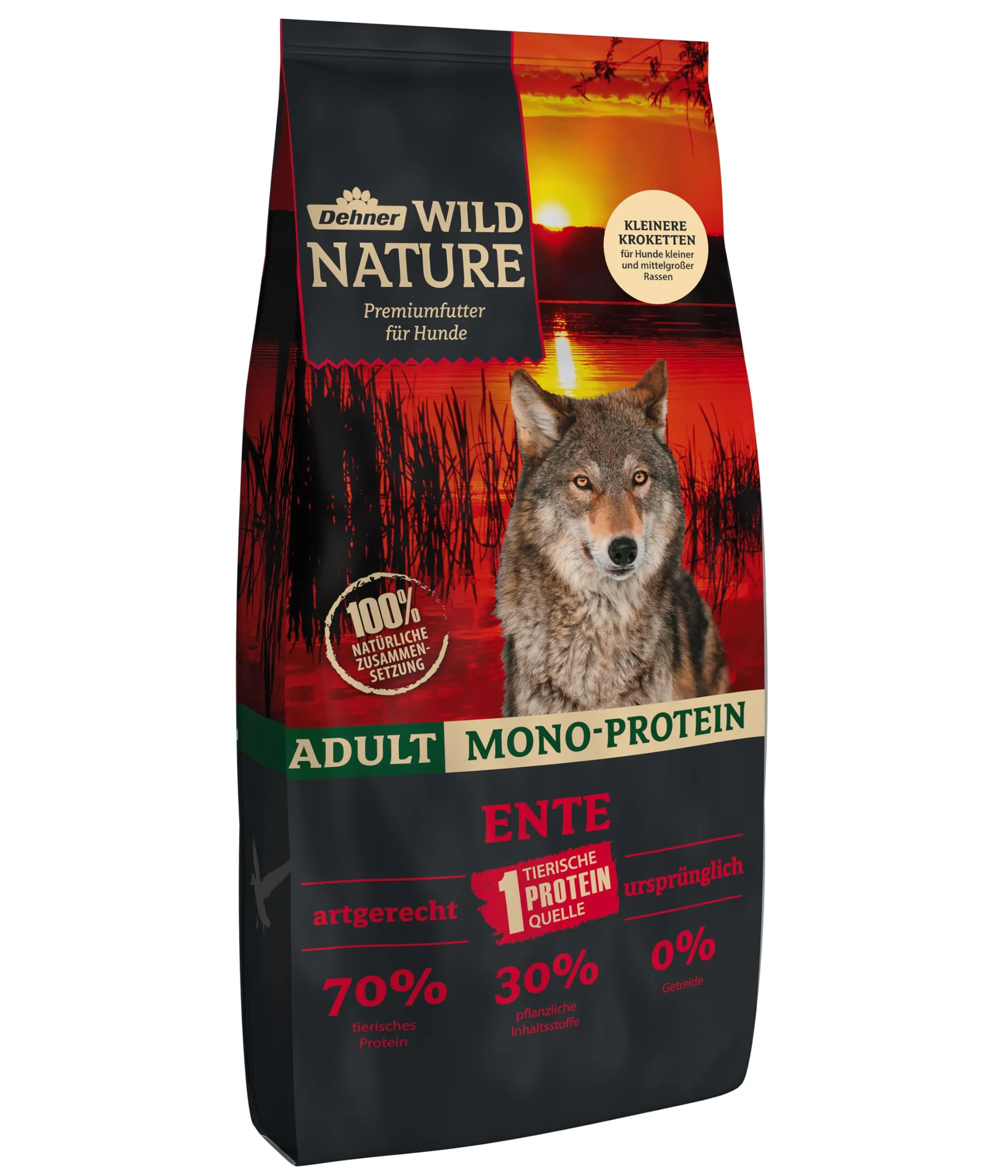 Dehner Wild Nature - Cibo per cani mono proteine, senza cereali, senza zucchero, per cani adulti, anatra e pesce, 12 kg