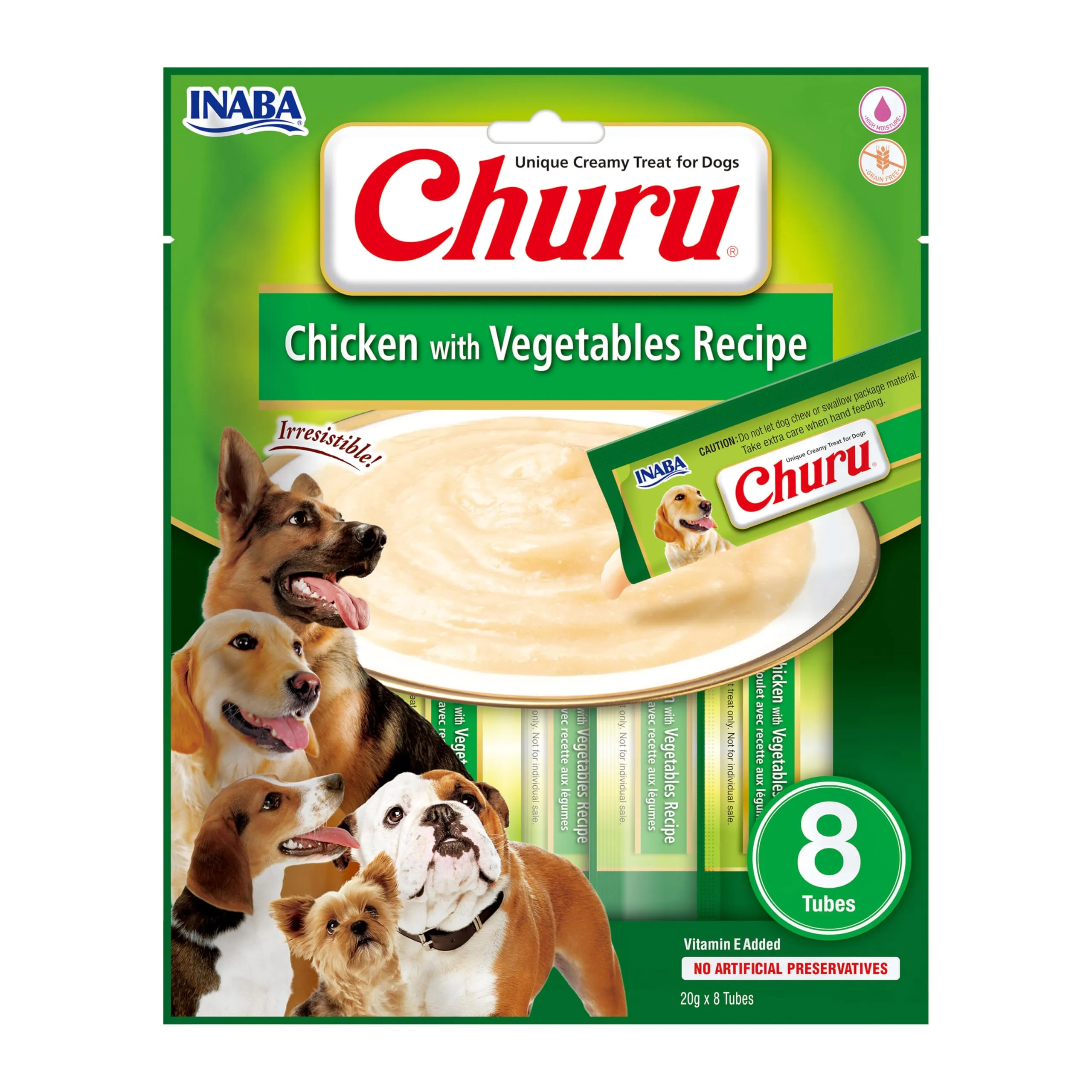 INABA Churu Snack per Cani Cremoso al Pollo e Verdure - 1 Pack (8 Stick x 20gr) - Premietti Cane Ipocalorici, Morbidi e Deliziosi - Cibo per Cani Senza Conservanti o Coloranti Artificiali, Grain-Free