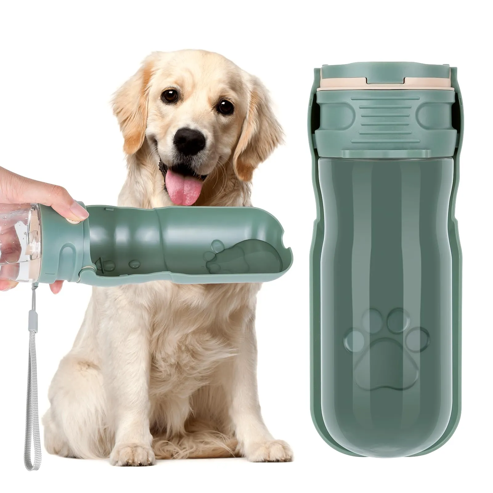 AiQInu 520ML Borraccia per Cani Portatile, 180° Ripiegabile Borraccia Cane, Antigoccia Dispenser Acqua Cani con Filtro a Carboni Attivi, Bottiglia Cani per Il Campeggio Quotidiano a Piedi, Verde