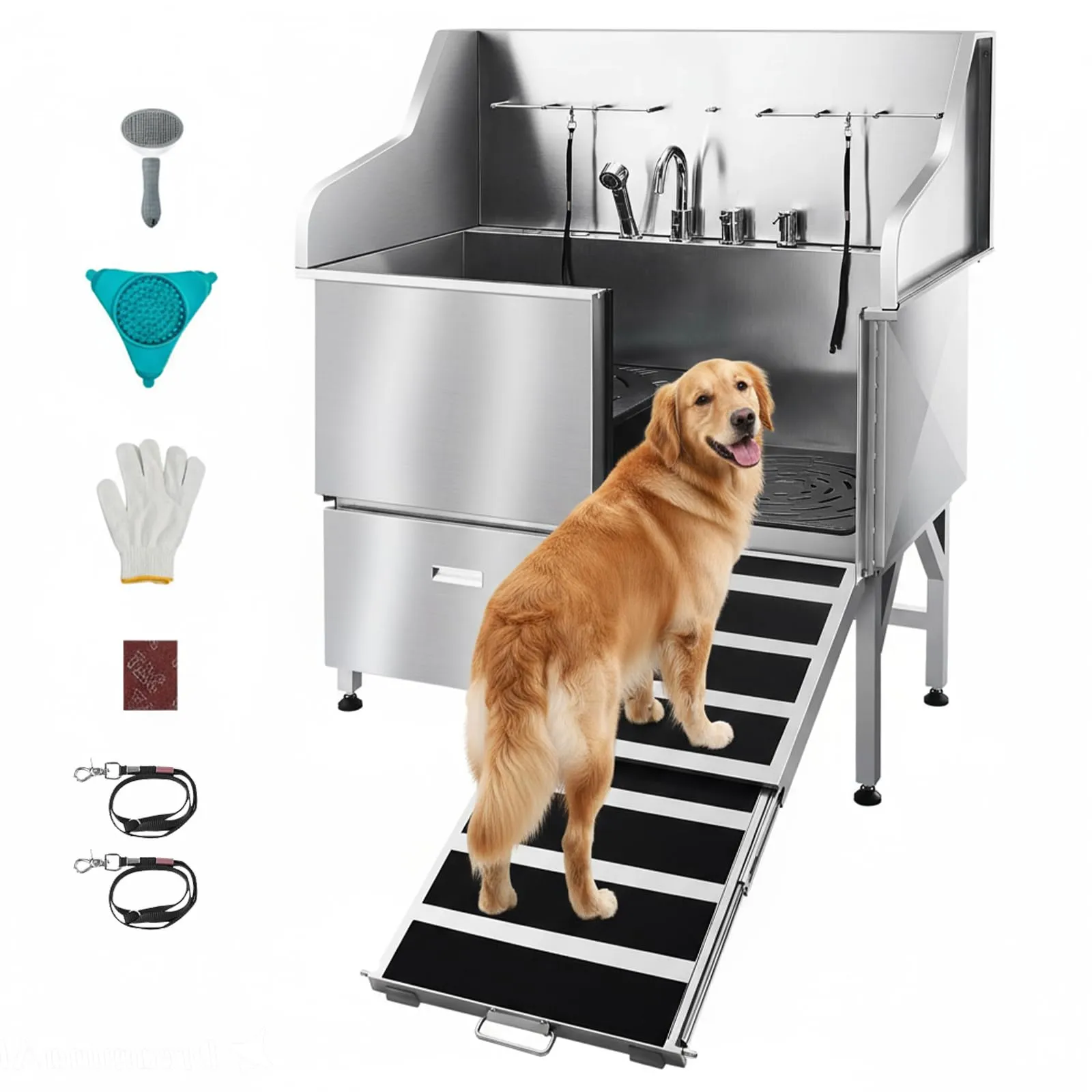 VEVOR Stazione di Lavaggio per Cani in Acciaio Inox, Vasca per Toelettatura per Animali Domestici di Grandi, Medie e Piccole Dimensioni da 127 cm con Rampa, Rubinetto e Soffione Doccia, Porta Destra
