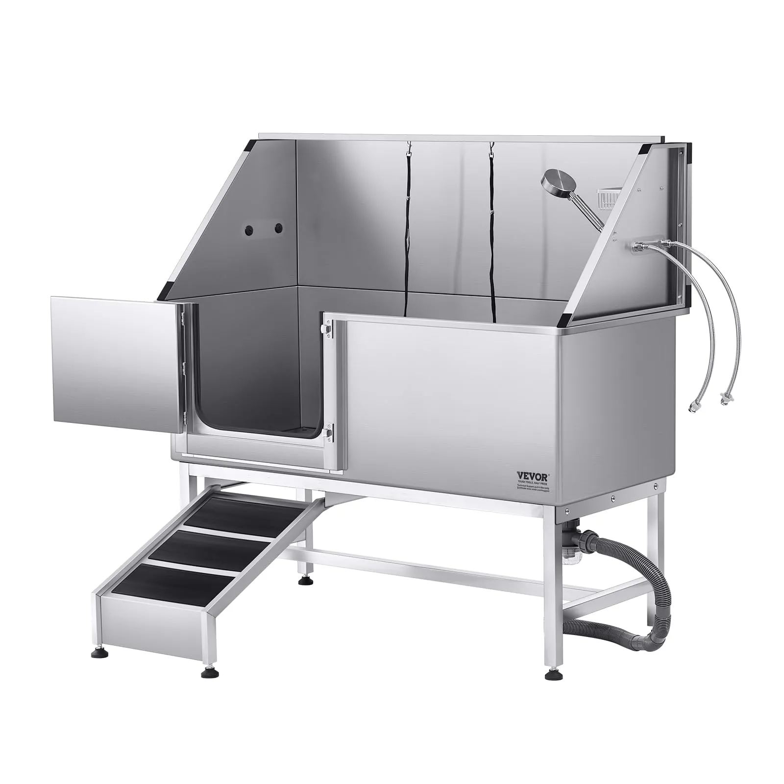 VEVOR Stazione di Lavaggio per Cani in Acciaio Inox, Vasca per Toelettatura per Animali Domestici di Grandi, Medie e Piccole Dimensioni 157,48 cm con Rampa, Pannello Filtro per Acqua, Porta Sinistra