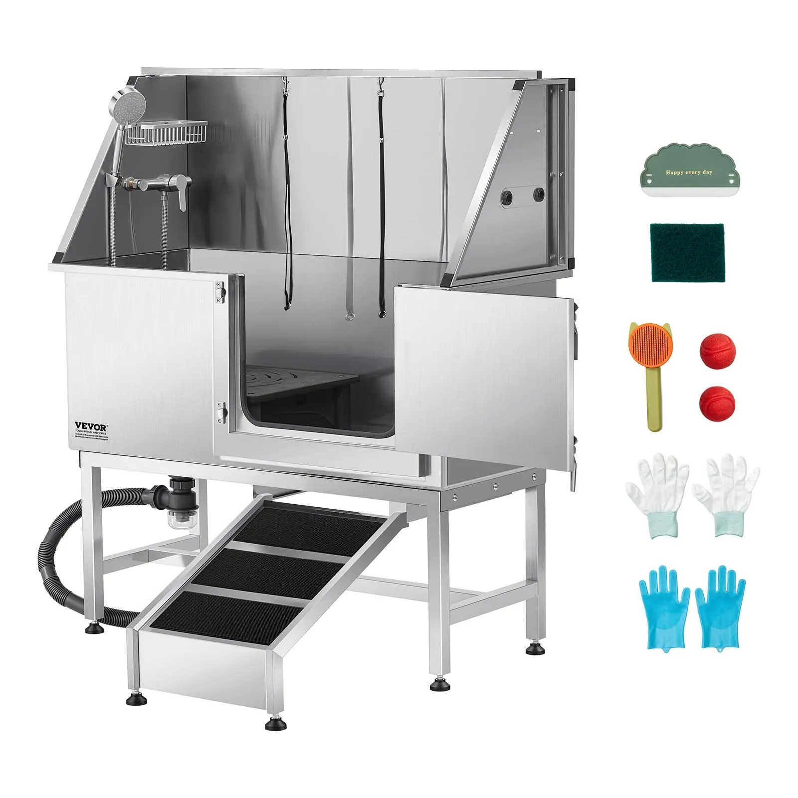 VEVOR Stazione di Lavaggio per Cani in Acciaio Inox, Vasca per Toelettatura per Animali Domestici di Grandi, Medie e Piccole Dimensioni da 127 cm con Rampa, Pannello Filtro per Acqua, Porta Destra