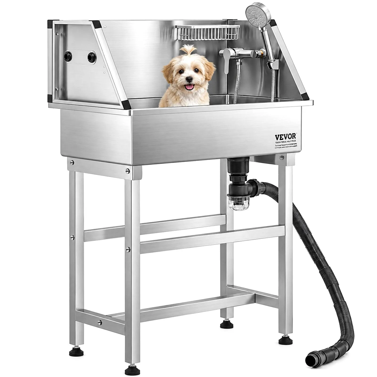 VEVOR Stazione di Lavaggio per Cani in Acciaio Inox, Vasca per Toelettatura per Animali Domestici da 86,36 cm con Rubinetto e Soffione Doccia e Palline da Gioco, per Cani per più Animali Domestici