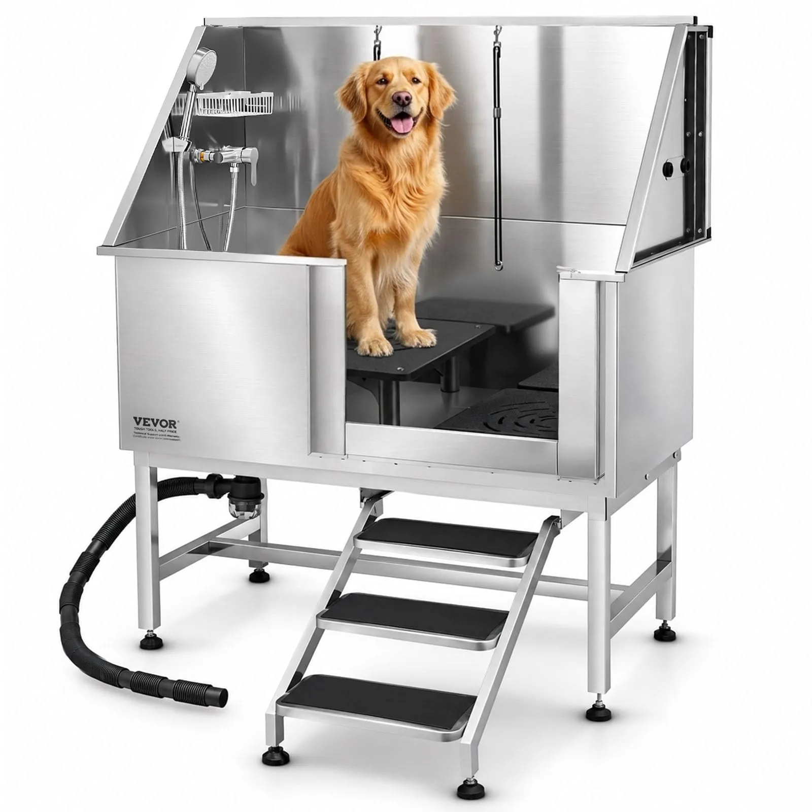 VEVOR Stazione di Lavaggio per Cani in Acciaio Inox, Vasca per Toelettatura per Animali Domestici di Grandi, Medie e Piccole Dimensioni da 127 cm con Scale, Pannello Filtro per Acqua, Porta Destra