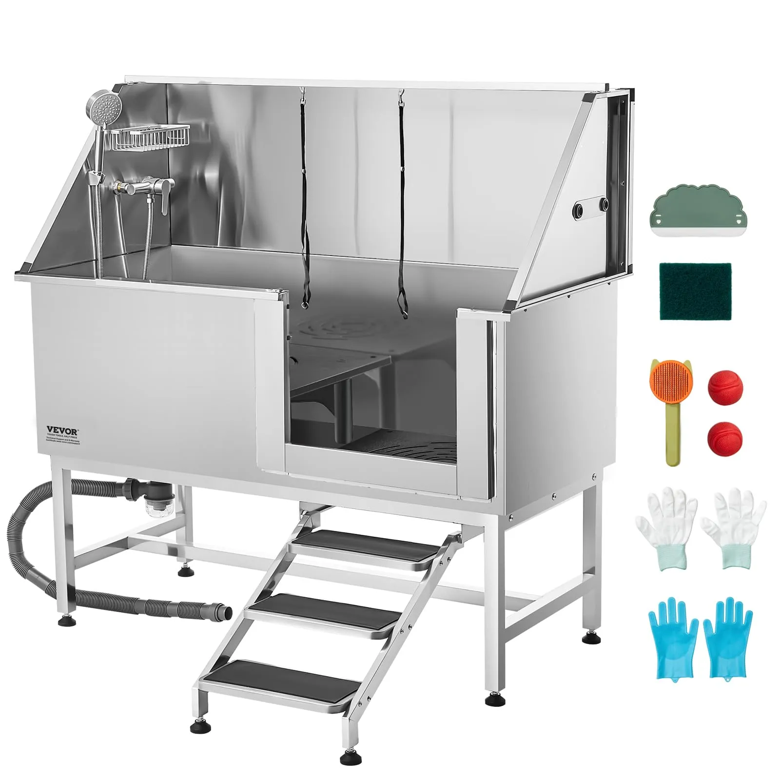 VEVOR Stazione di Lavaggio per Cani in Acciaio Inox, Vasca per Toelettatura per Animali Domestici di Grandi, Medie e Piccole Dimensioni 157,48 cm con Scale, Pannello Filtro per Acqua, Porta Destra