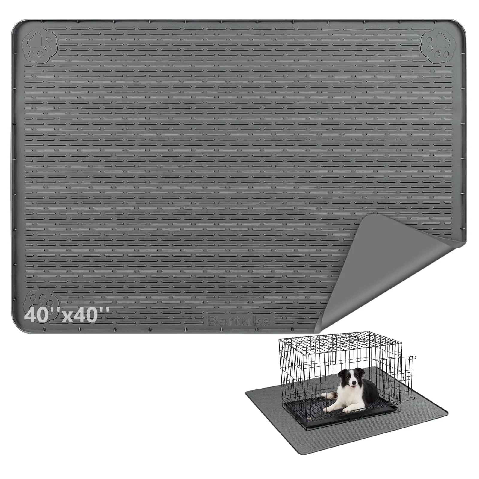 Bartuke Tappetino in silicone per gabbia per cani, 101 x 101 cm, da posizionare sotto la gabbia/box per cani con bordo rialzato, tappetino letto per cani, lavabile, impermeabile, a prova di perdite
