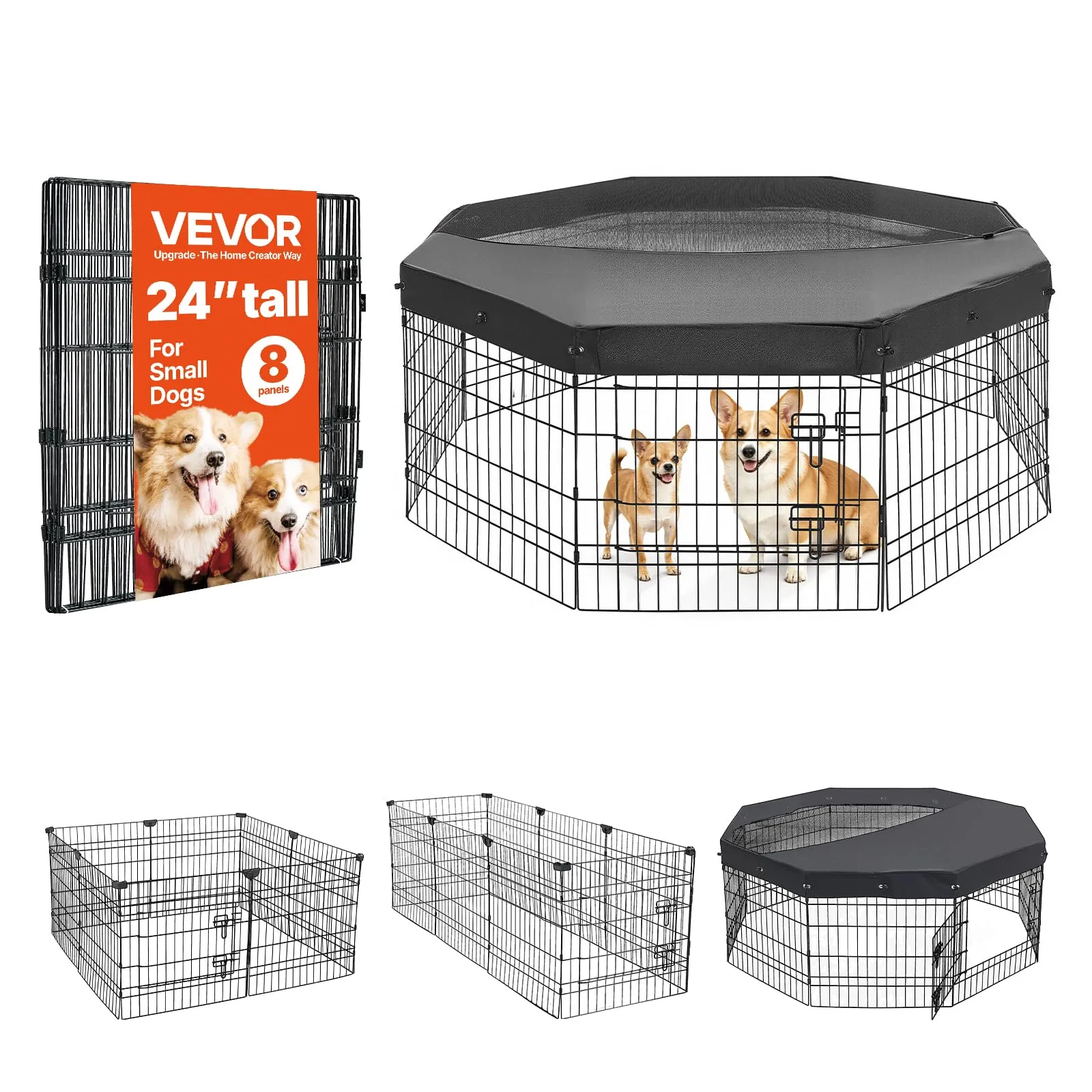VEVOR Box per Cani Coperto da 61 cm 8 Pannelli Pieghevole Nero in Metallo
