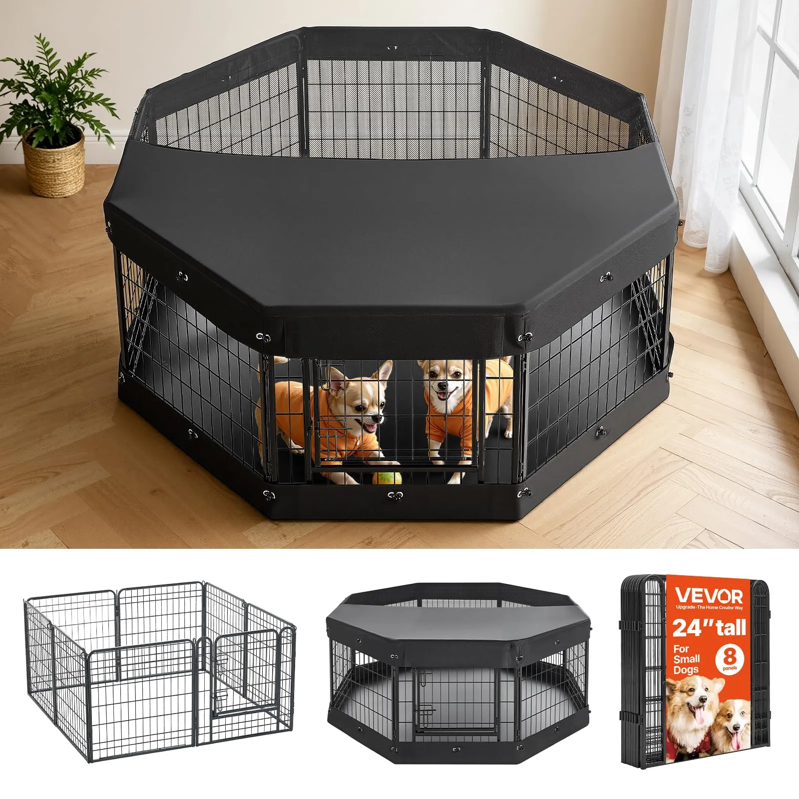 VEVOR Box per Cani da 61 cm 8 Pannelli con Copertura e Base Imbottita Nero
