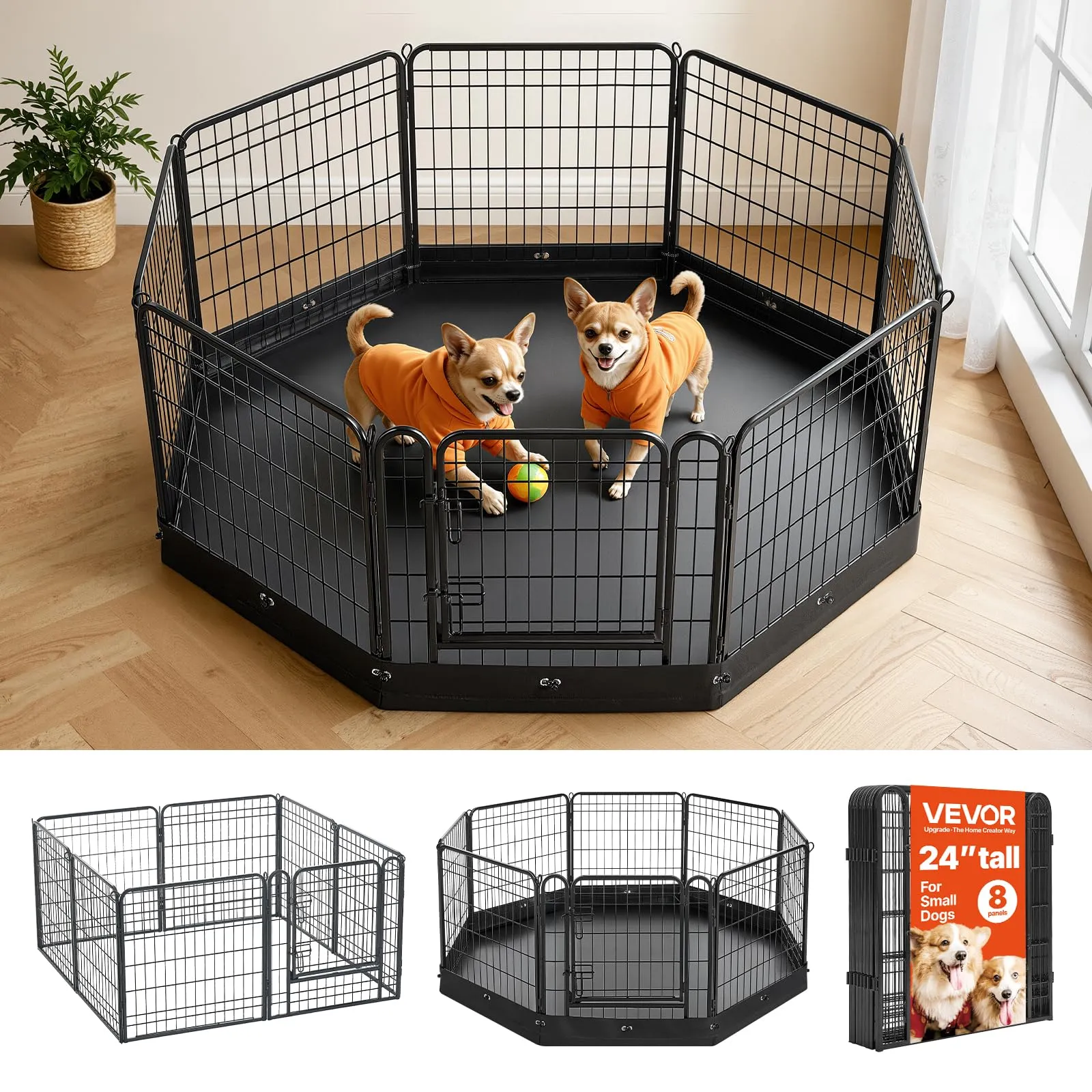 VEVOR Box per Cani da 61 cm 8 Pannelli Pieghevole con Base Imbottita Nero