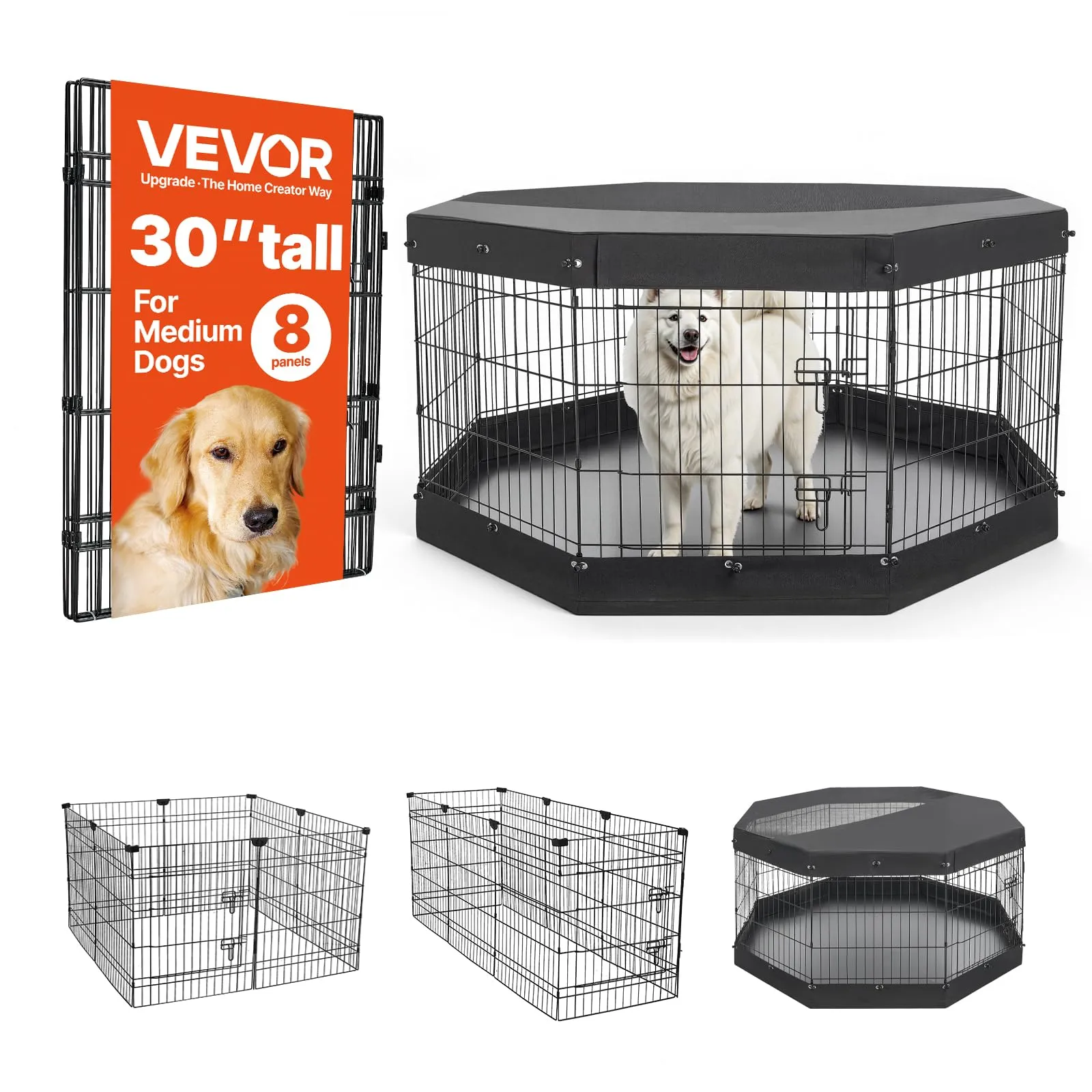 VEVOR Box per Cani da 76 cm con 8 Pannelli Copertura Base Imbottita Nero
