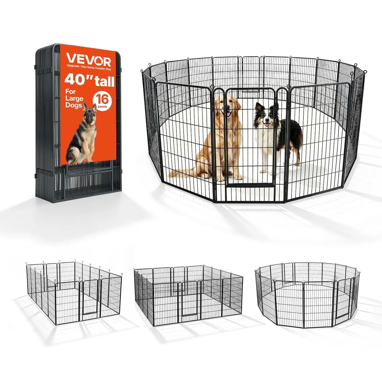 VEVOR Box per Cani da 102 cm 16 Pannelli Pieghevole in Metallo Colore Nero