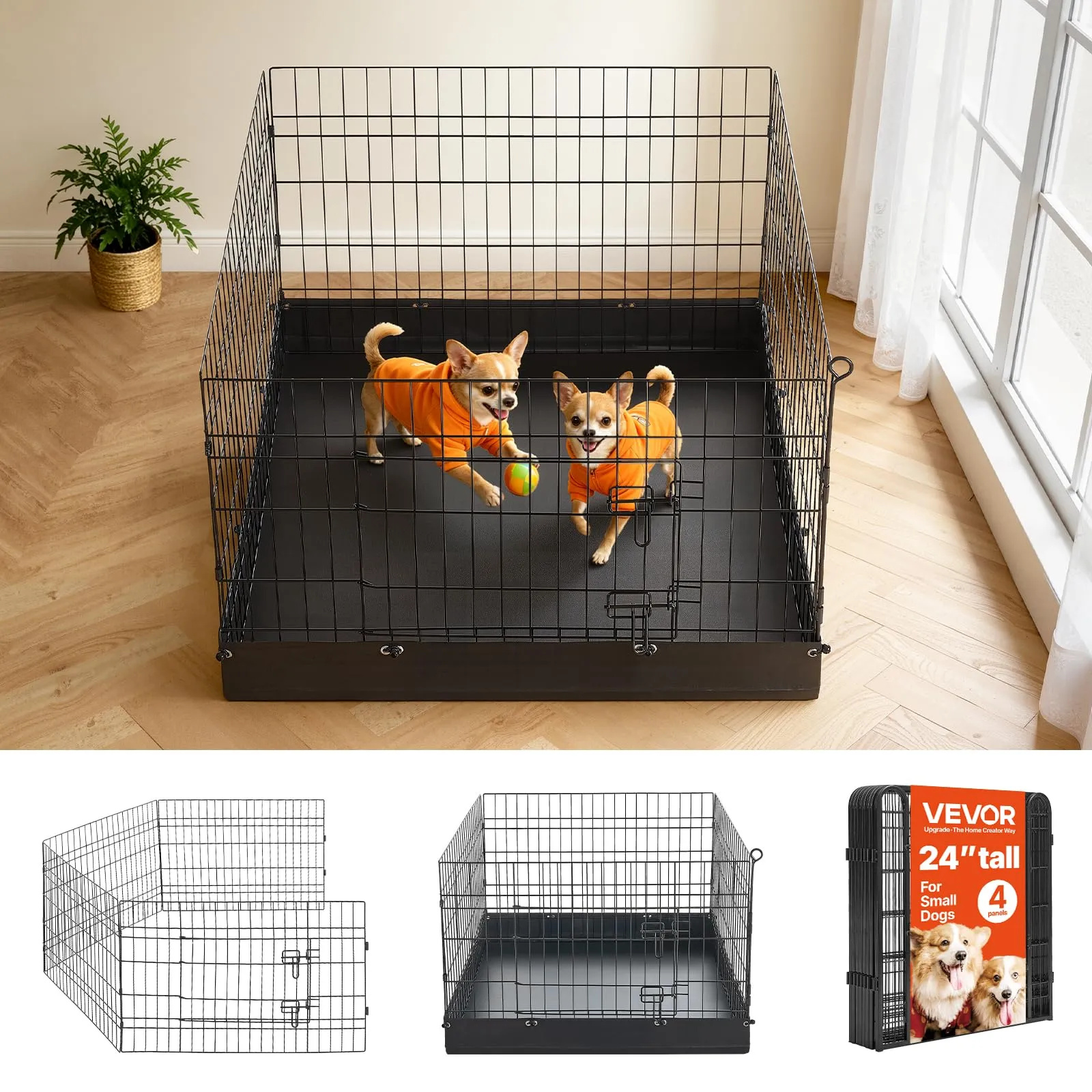 VEVOR Box per Cani da 61 cm a 4 Pannelli Pieghevole con Base Imbottita