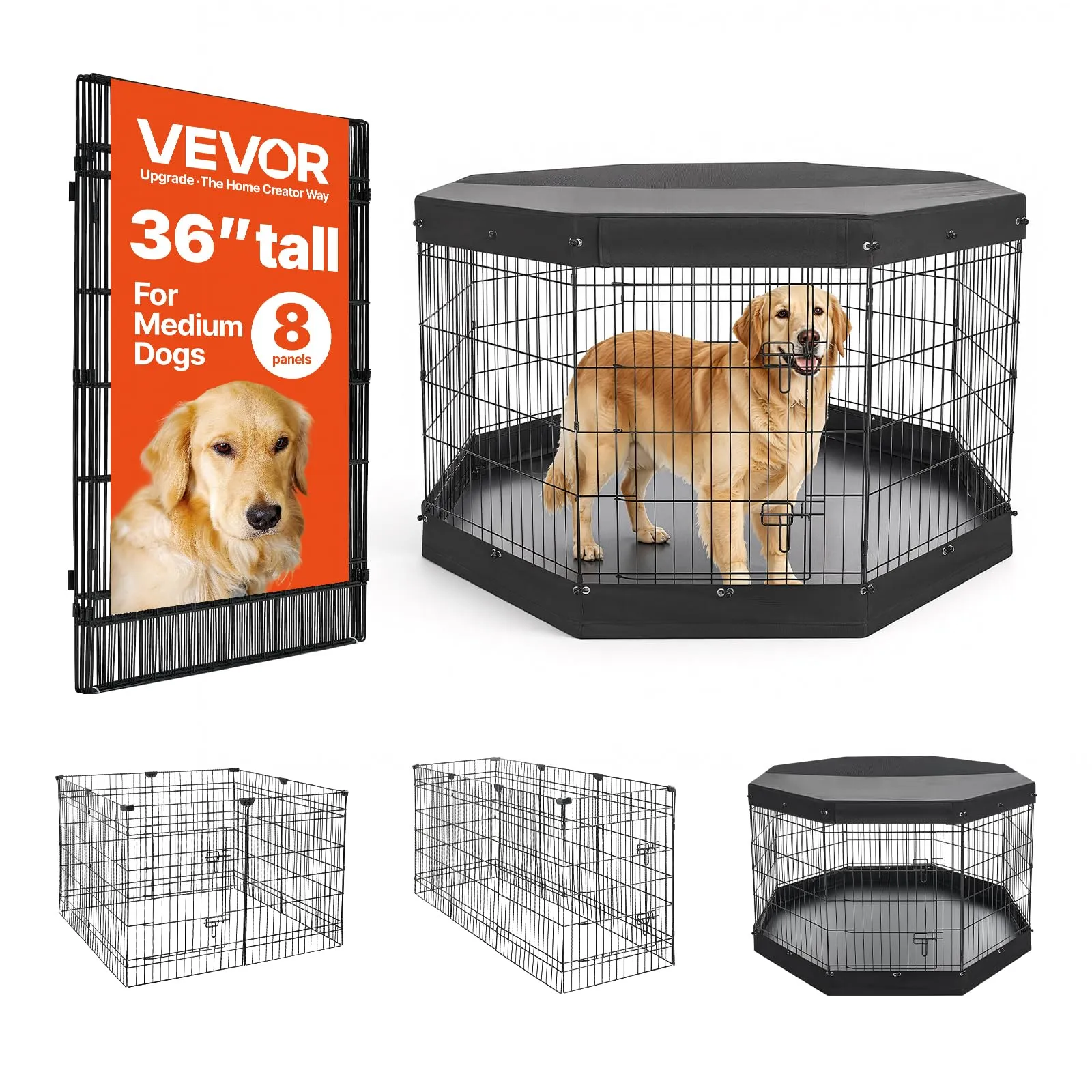 VEVOR Box per Cani da 91 cm 8 Pannelli Copertura Superiore e Base Imbottita