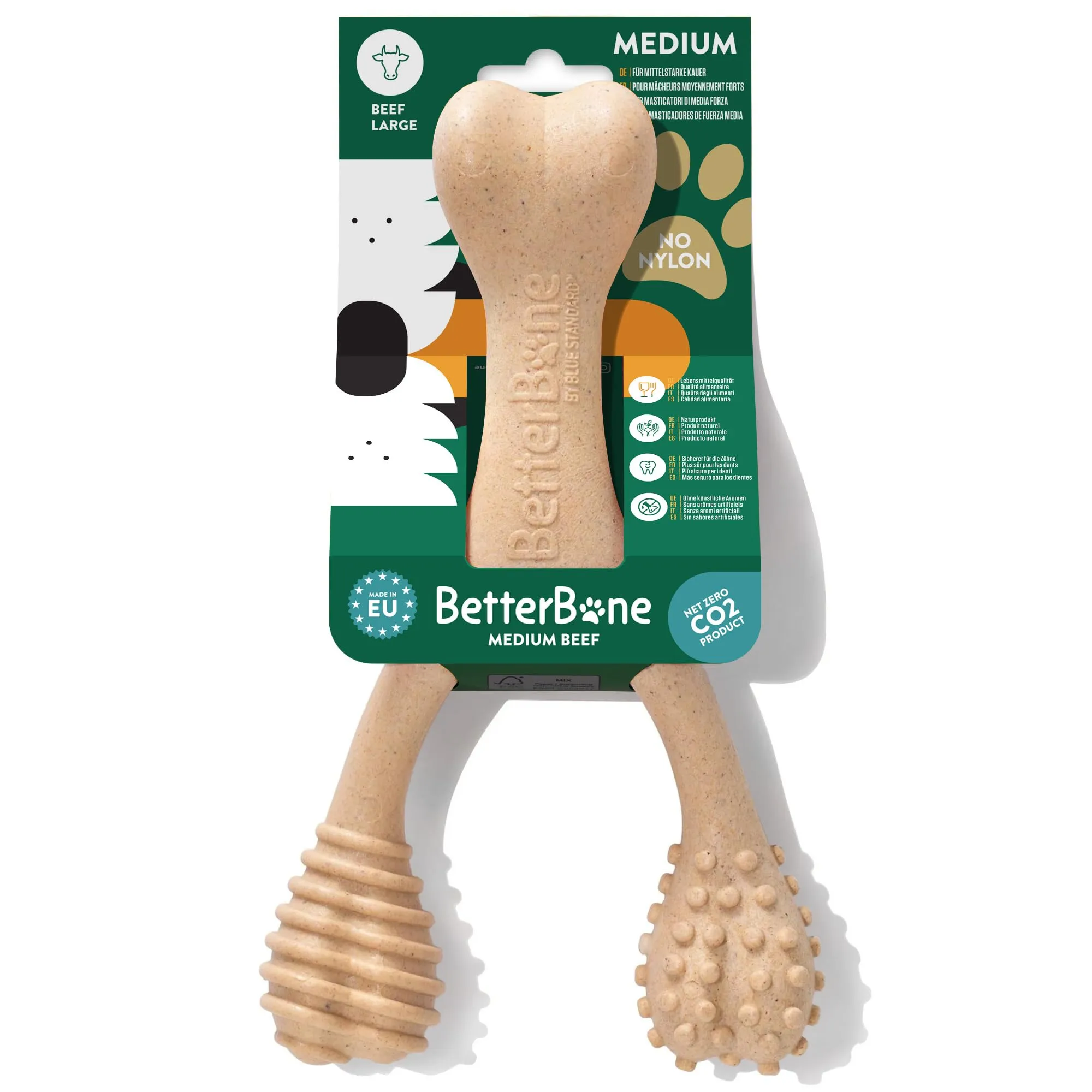 BetterBone - Giocattolo per cani da masticare – Large Medium Beef – Osso da masticare per cani senza nylon e OGM a base di cellulosa – Giocattolo da masticare medio con sapore di manzo – Legno da
