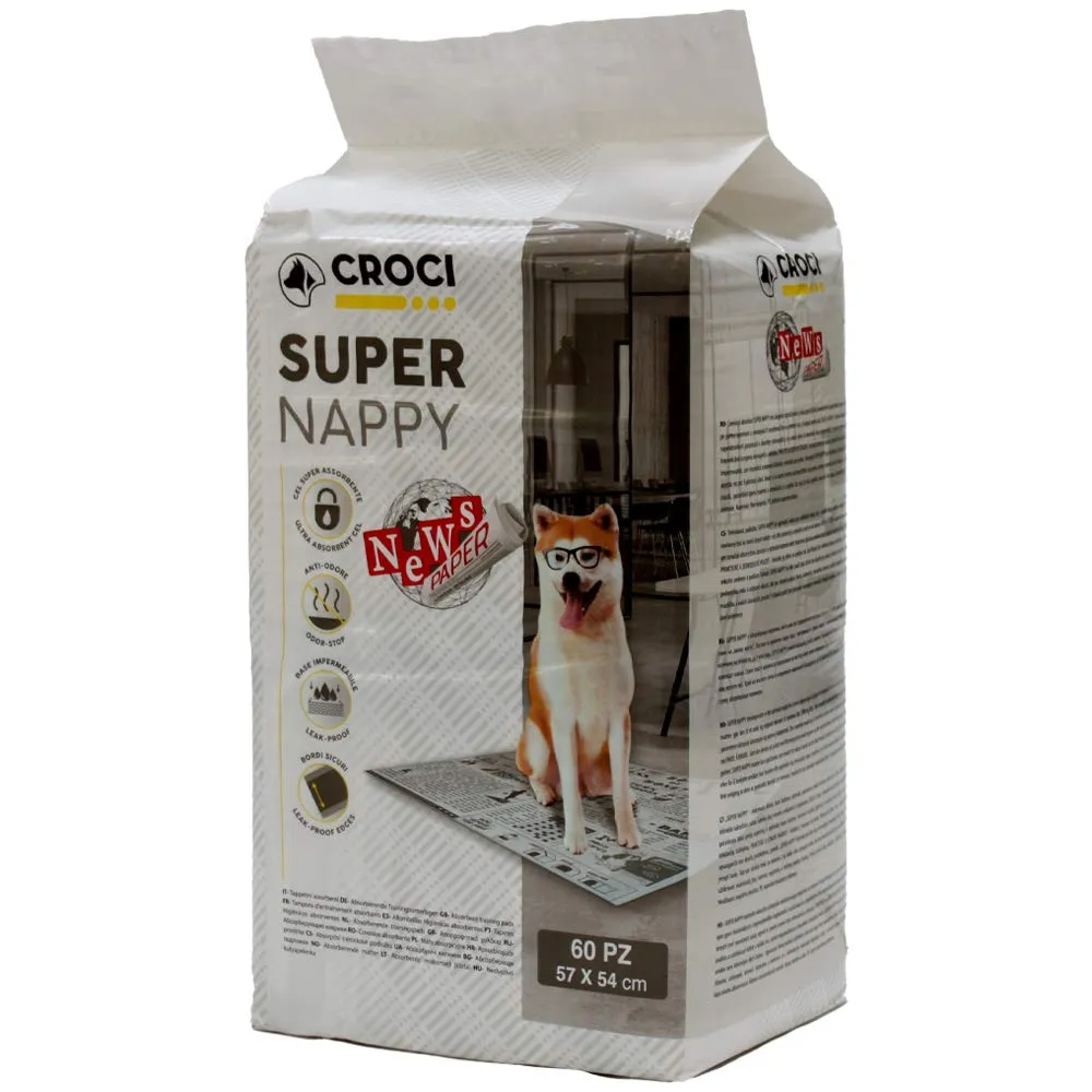 Croci Super Nappy Newspaper - Tappetini igienici per cani super assorbenti 57x54 cm - 60 pz, Traverse cani e animali domestici usa e getta, antiodore e antistrappo