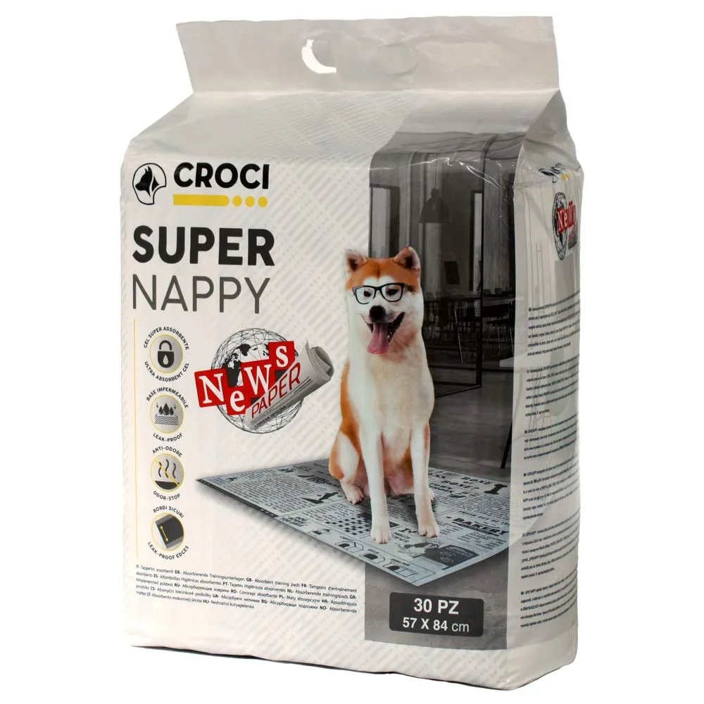 Croci Super Nappy Newspaper - Tappetini Igienici per Cani 57x84 cm 30 pz - Traverse Cani e Animali Domestici, per Pipi Cane e Gatto Ultra Assorbenti Usa e Getta, Antistrappo e Antiodore