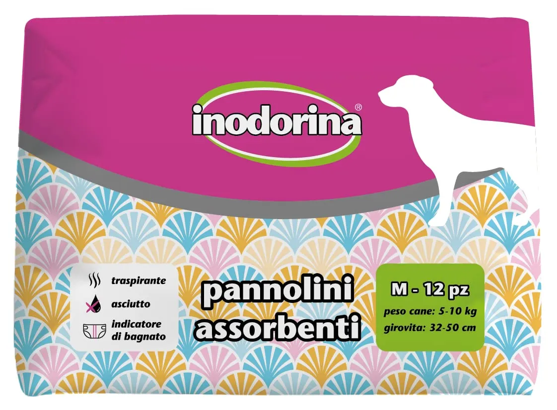Inodorina, Pannolini Assorbenti Usa e Getta, Tecnologia Traspirante e Indicatore di Bagnato, con Buco per la Coda e Alette Lunghe, per Cani con Peso da 5-10 kg, Taglia M, 12 pezzi
