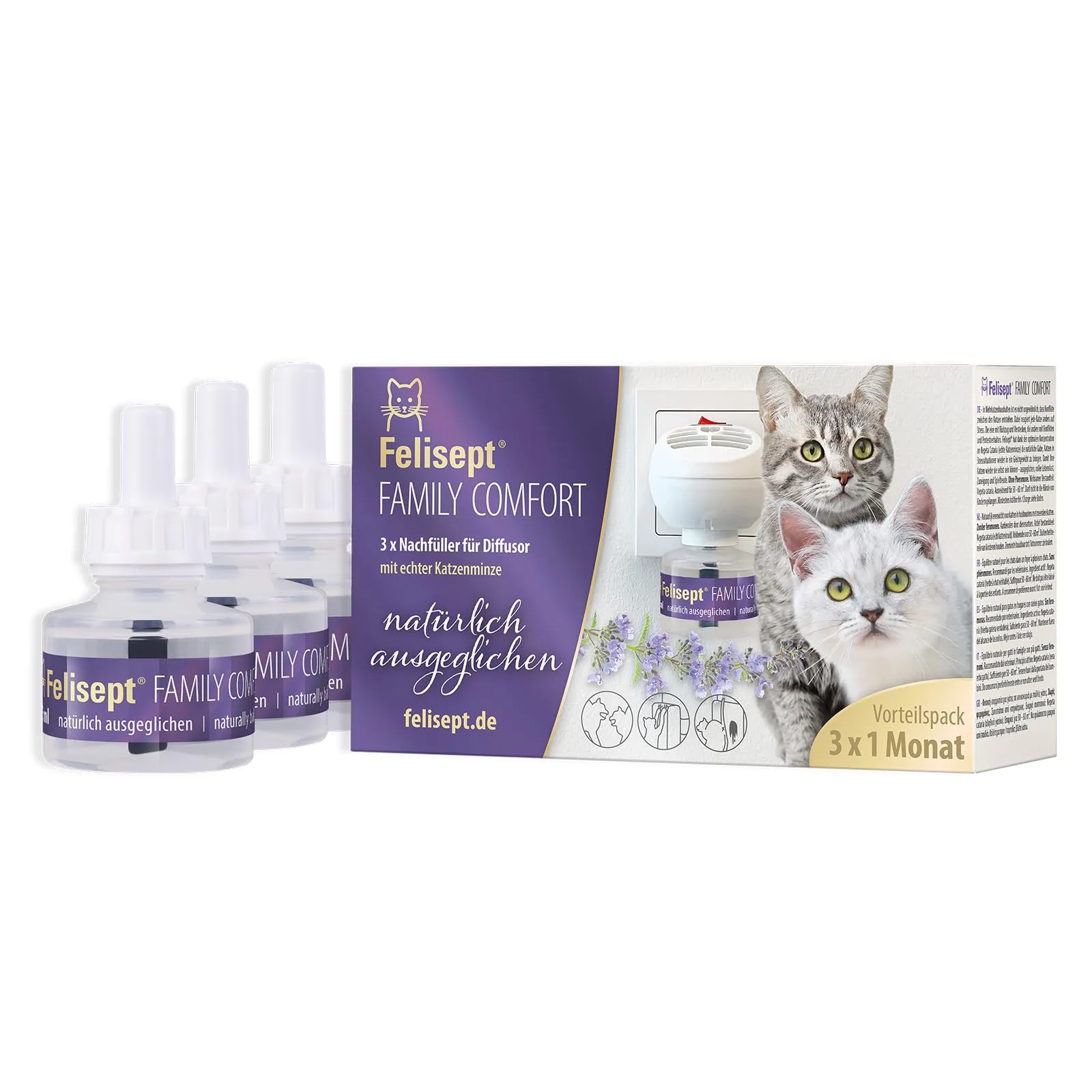 Felisept Family Comfort Ricarica 3x45 ml - Con erba gatta naturale senza feromoni gatto - Sciogliere Le Tensioni Nelle Famiglie Con Più Gatti E Ridurre In Modo Sostenibile - Tranquillanti gatto