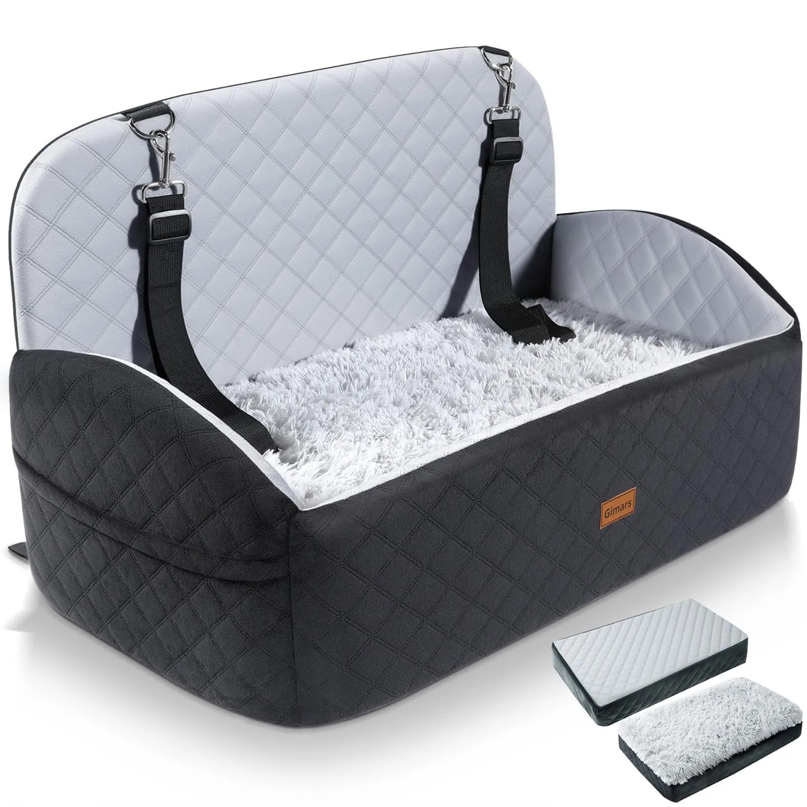 Gimars Reversibile Seggiolino Auto Per Cani conPeluche Lungo/Corto Cuscino sedile Per Cani Piccoli/Medi Fino A 27kg, Sfoderabile Lavabile Trasportino Per Cani Auto Con 13cm 28D Egg-Crate Schiuma, L