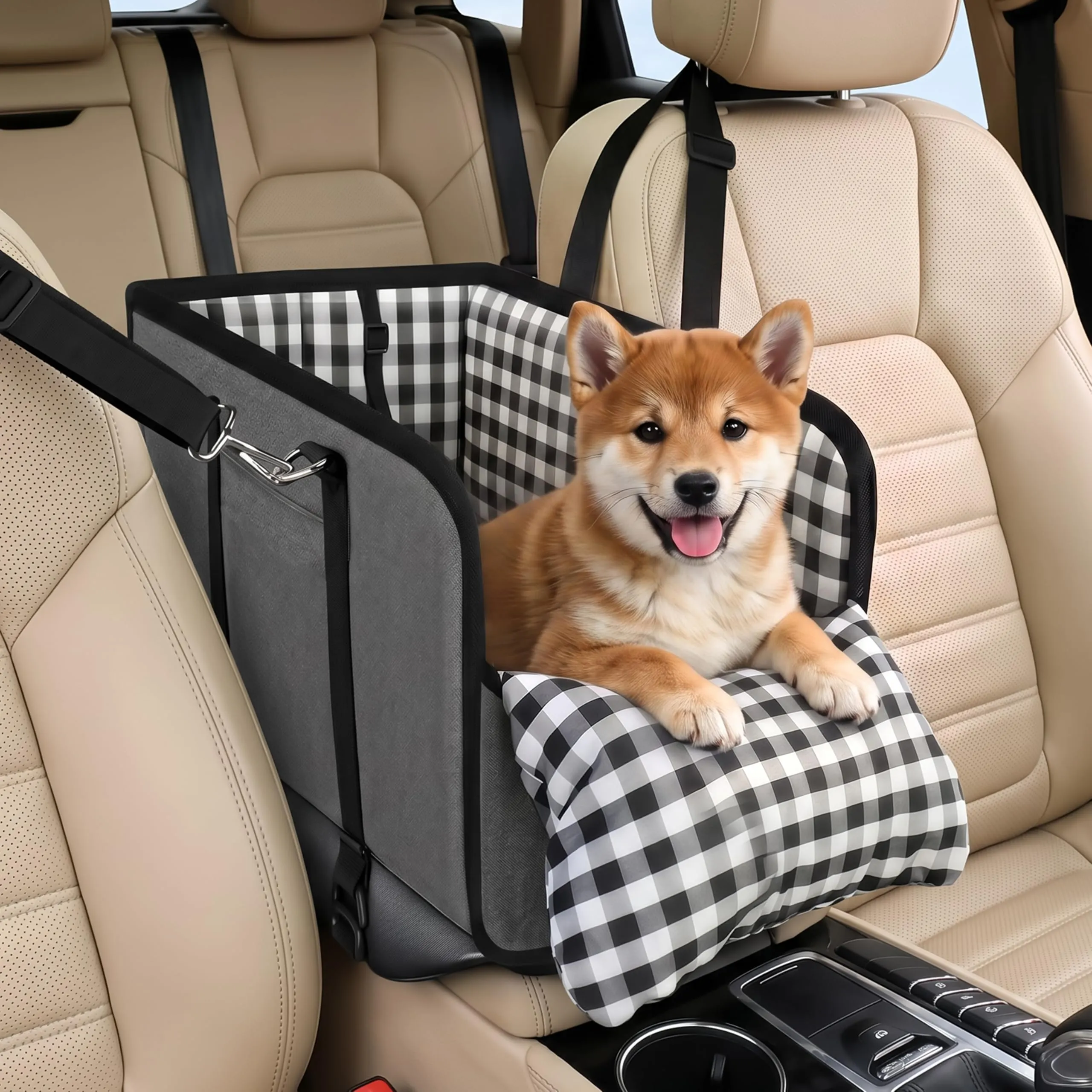 Wood Homing Seggiolino auto rialzato per cani di piccola taglia, impermeabile, trasportino/letto per console centrale per animali domestici, da viaggio, rimovibile con cintura di sicurezza e