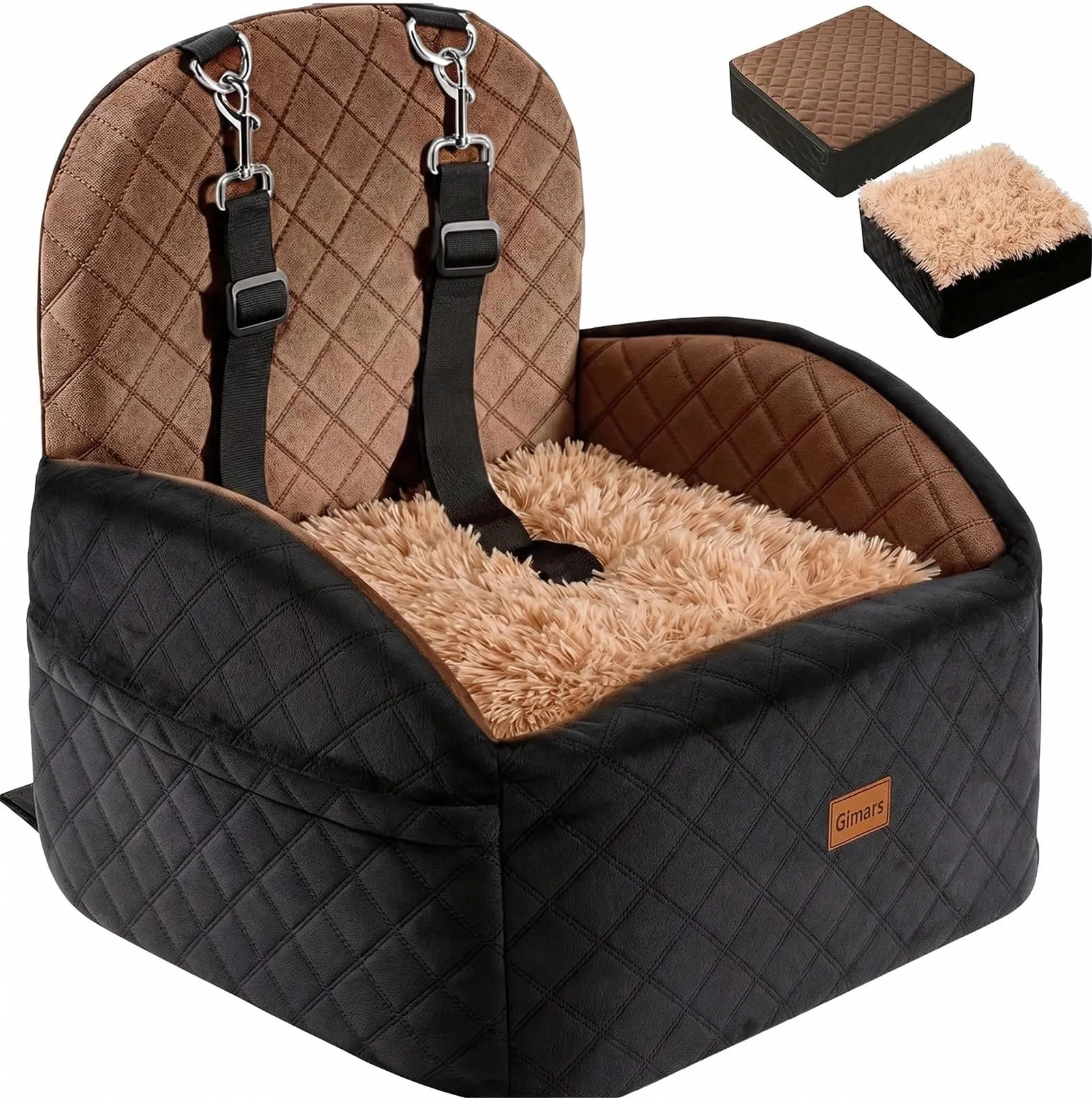 Gimars Seggiolino Auto Per Cani Reversibile Peluche Lungo/Corto Per Cani Piccoli/Medi Fino A 16 kg, Sfoderabile Lavabile Antiscivolo Trasportino Per Cane Auto Con Schiuma 28D 15cm, Cintura, S-Marrone