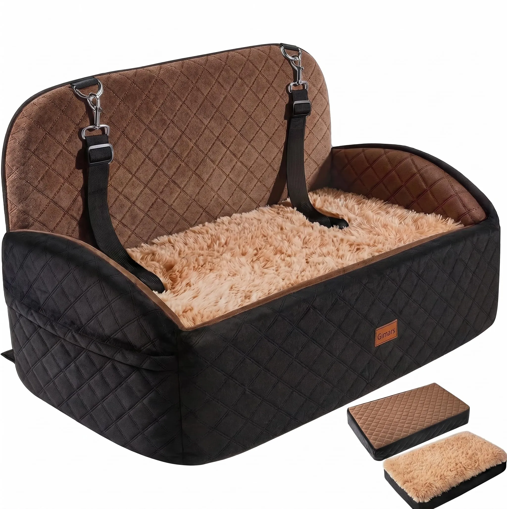 Gimars Seggiolino auto reversibile per cani con cuscino lungo e corto in peluche, per cani di piccola e media taglia fino a 27 kg, rimovibile, lavabile, antiscivolo, con cintura di sicurezza in