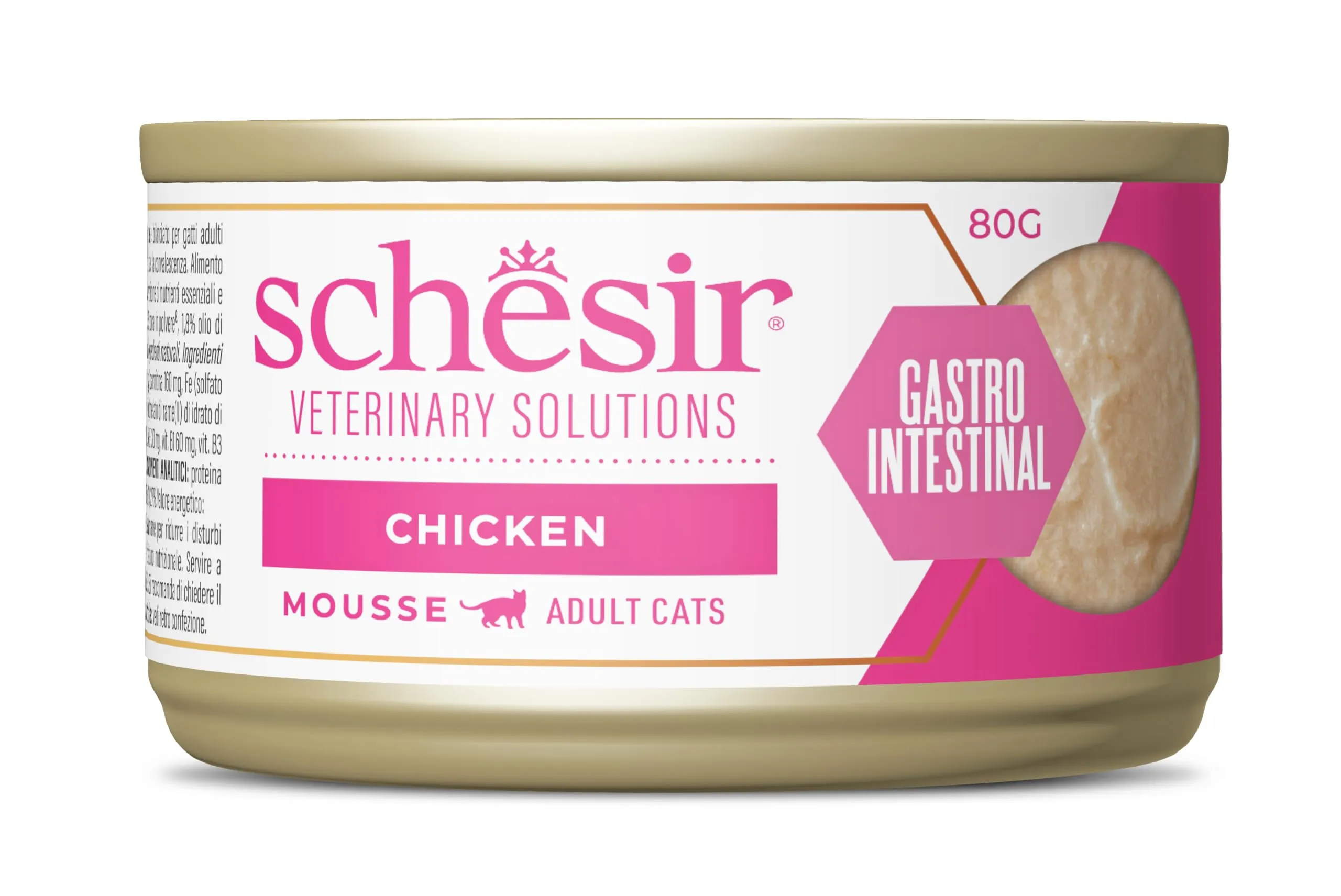 Schesir Veterinary Solutions Gastro Intestinal, Mousse al Pollo, Alimento Umido Dietetico per Gatti Adulti, Supporto Digestione e Convalescenza, 8 x 80 g