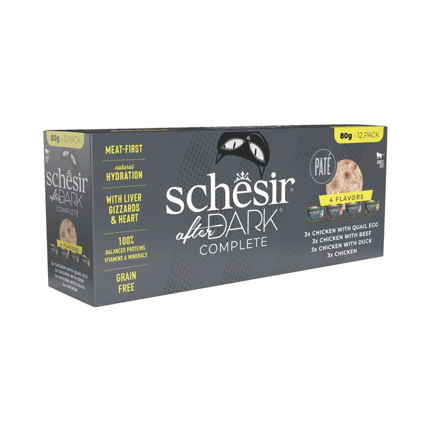 Schesir After Dark, Multigusto in Patè, Alimento Umido Completo per Gatti, in Lattina, Grain Free, Alto Contenuto di Proteine, Fonte di Idratazione, 12 x 80 g