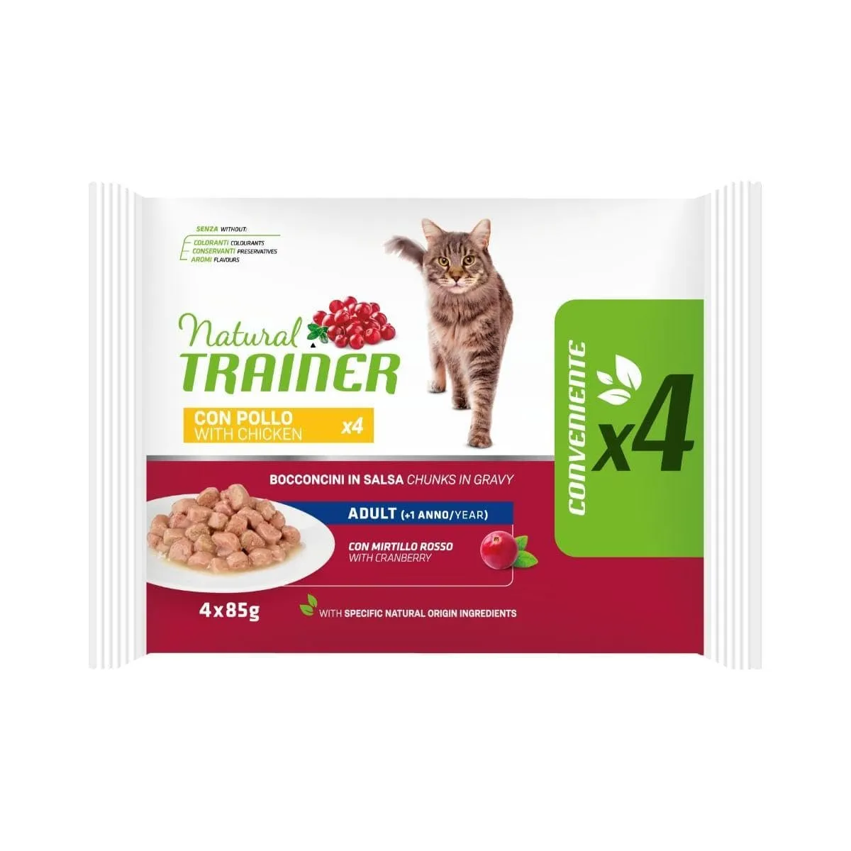 Natural Trainer Cibo Umido per Gatti Adulti con Pollo, Pack 4 x 85g