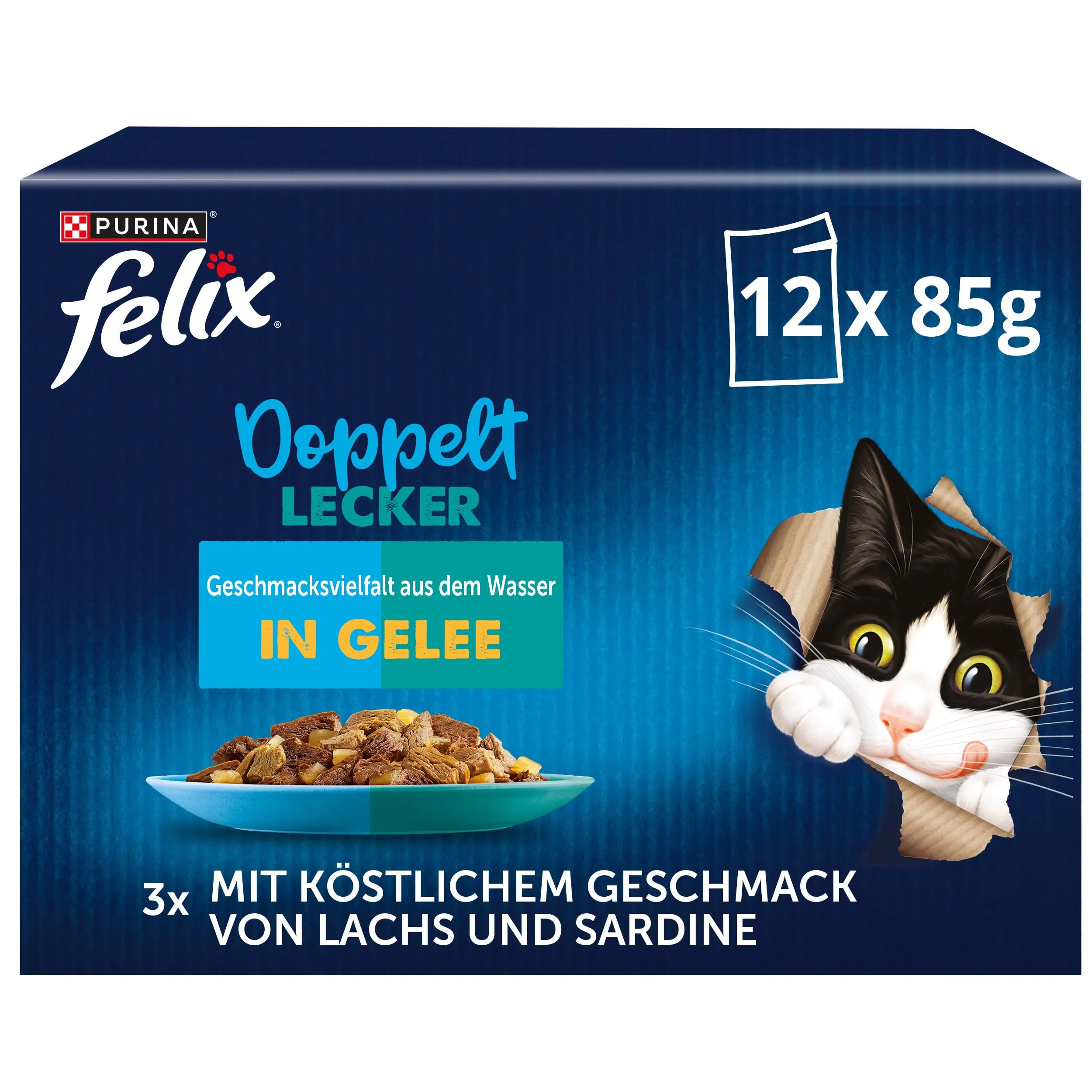FELIX Ottimo come appare, doppio cibo per gatti bagnato in gelatina, mix di varietà di pesce, confezione da 6 (6 x 12 sacchetti da 85 g)