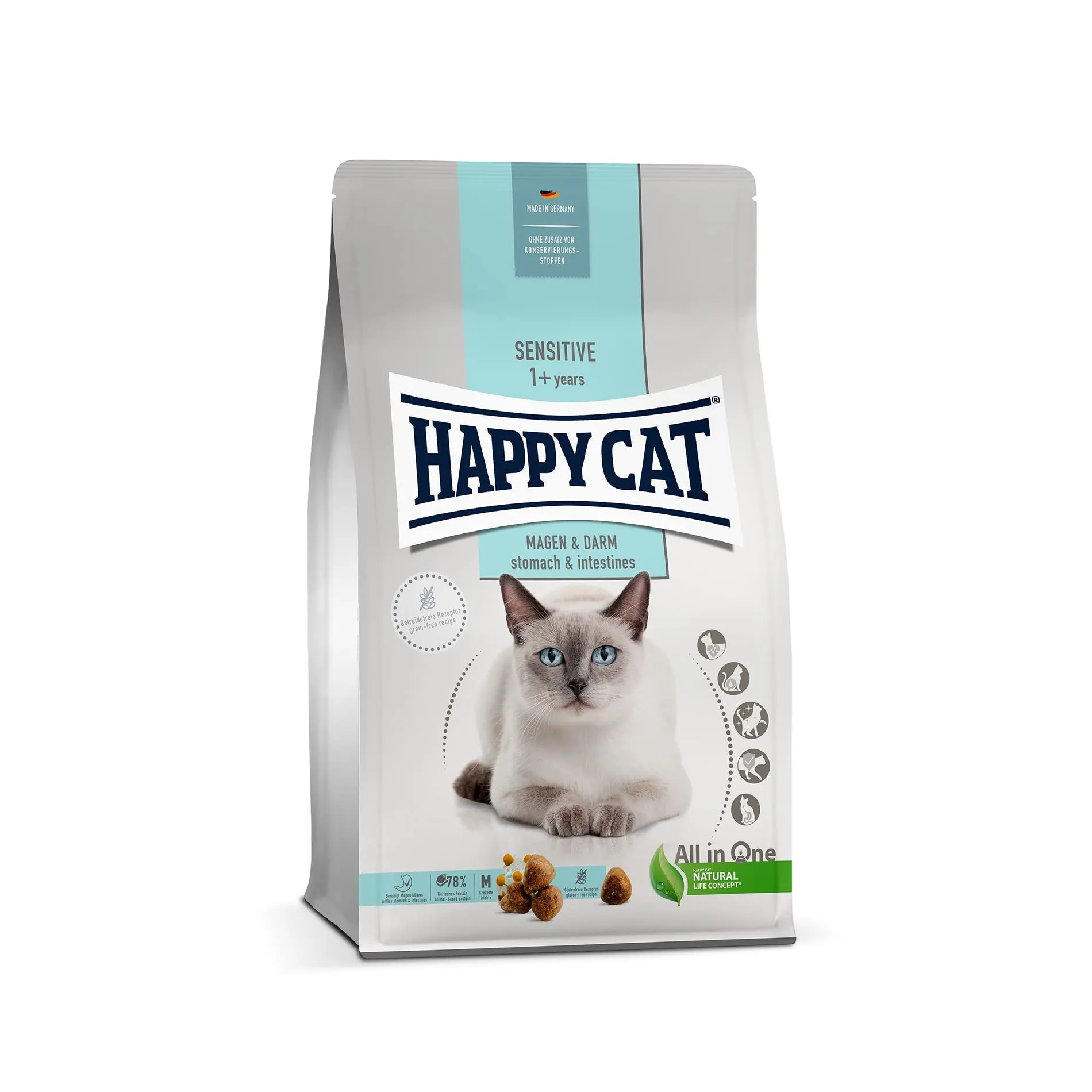 Happy Cat 70596 Care stomaco e intestino – cibo secco per gatti con anatra per gatti sensibili e sbornia, contenuto 1,3 kg