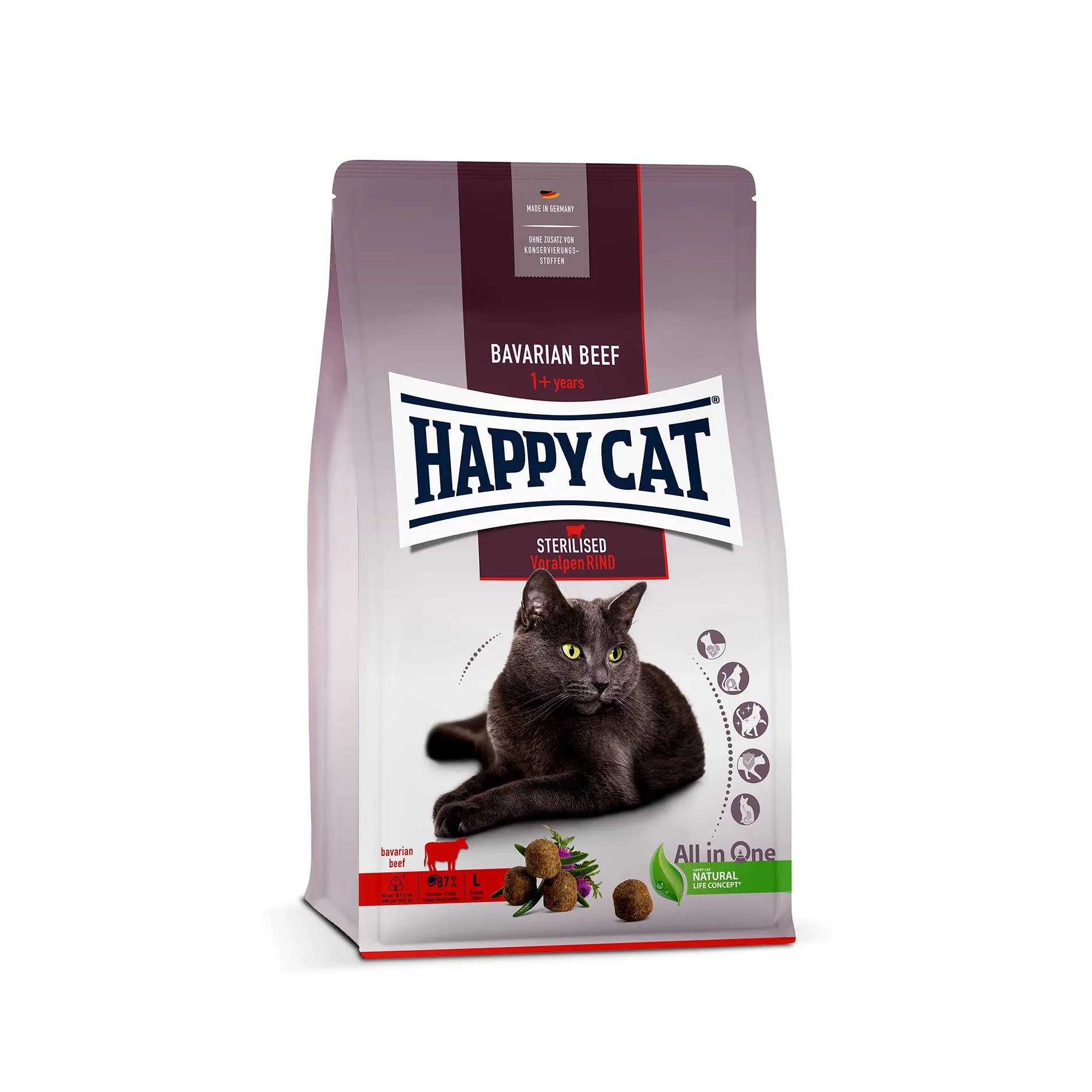 Happy Cat 70573 – Sterilizzato Adult Voralpen Manzo – Mangime secco per gatti sterilizzati e sbornia – 300 g contenuto