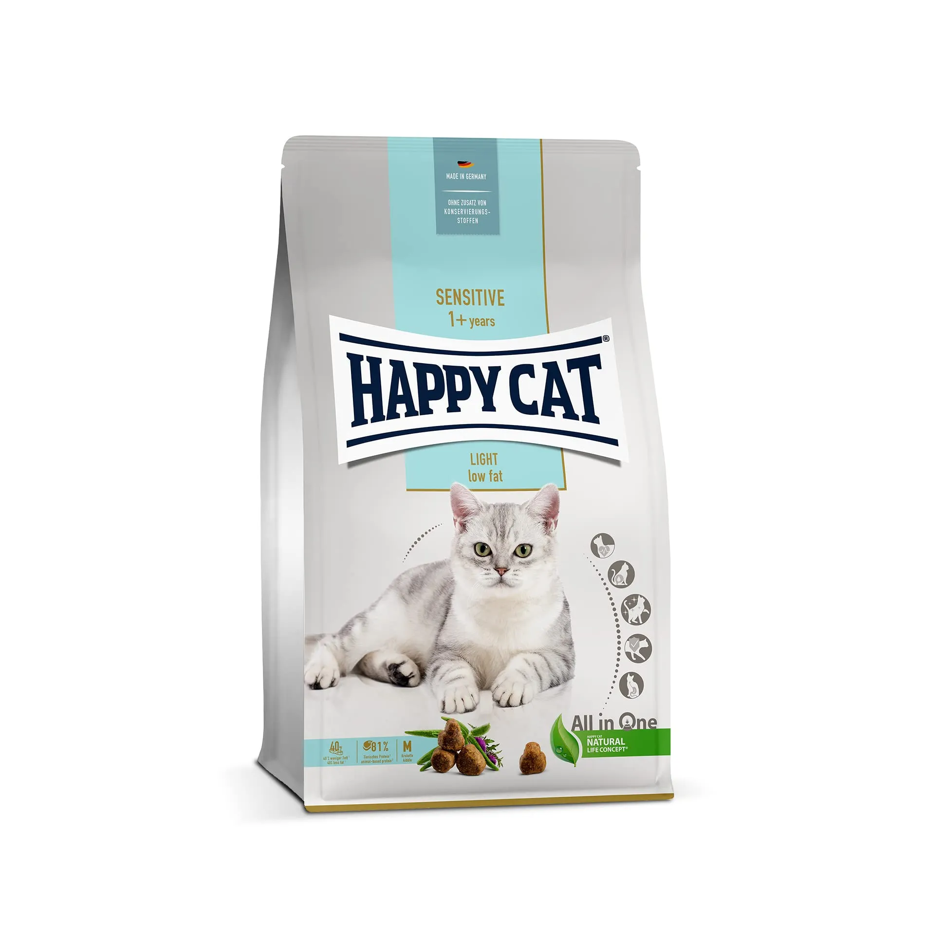 Happy Cat 70602 - Sensitive Adult Light - Cibo secco con pollame per gatti in sovrappeso e sbornia - 300 g