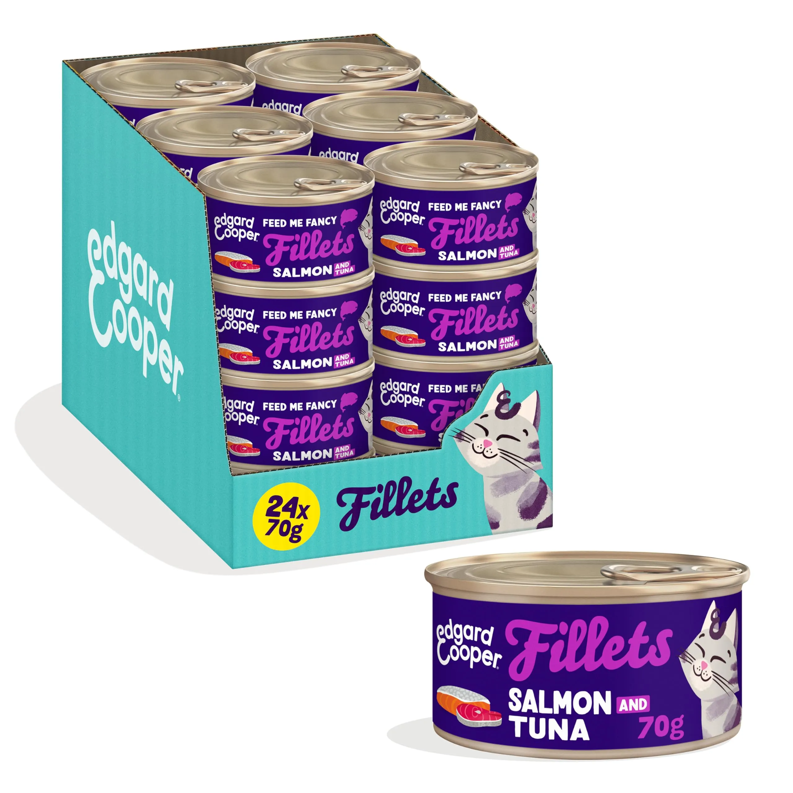Edgard & Cooper Cibo Umido per Gatti, Sfilaccetti in Brodo, Salmone & Tonno 24 x 70g, Cibo per Gatti Senza Cereali, Ingredienti Naturali, Anche per Gatti Sterilizzati, No Zuccheri Aggiunti