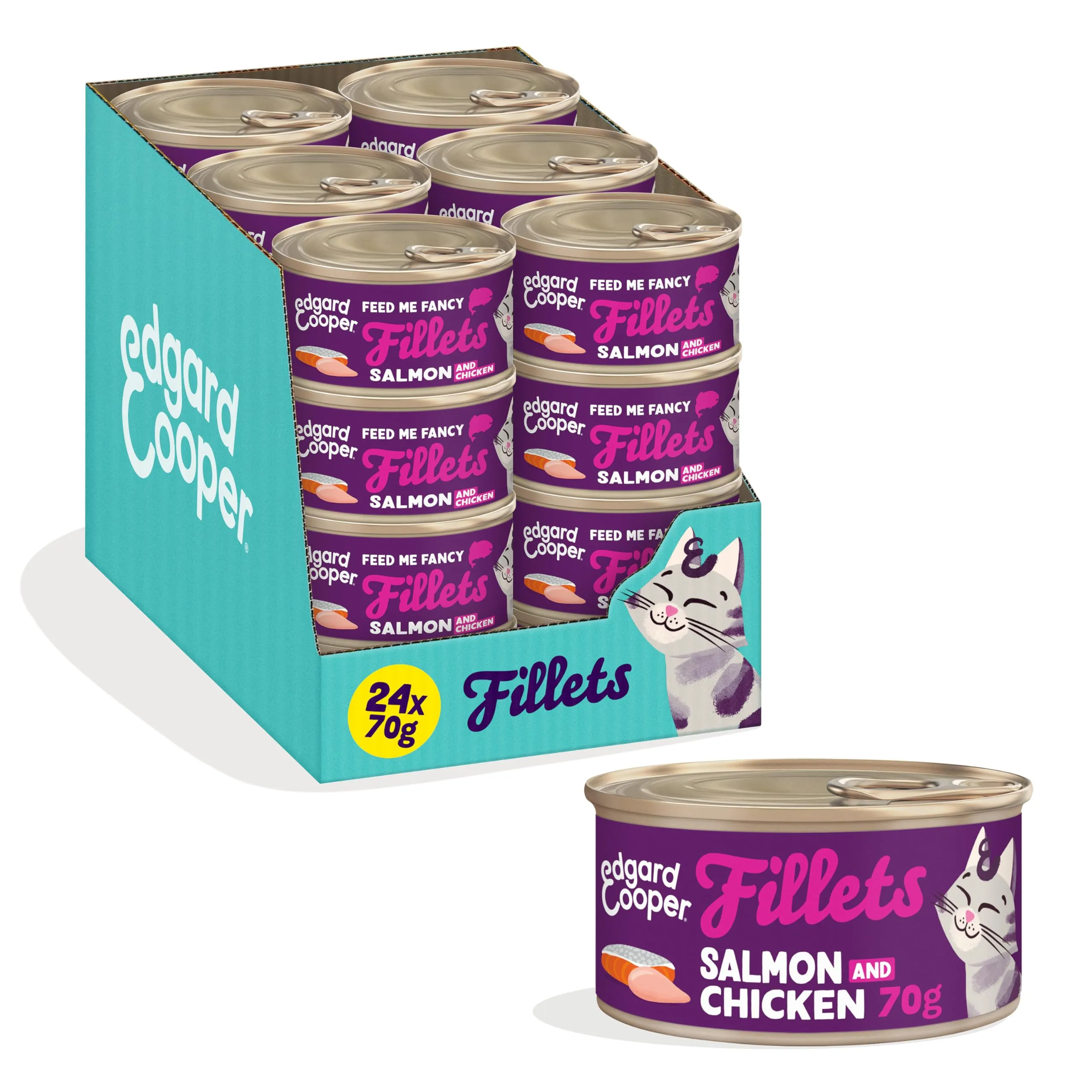 Edgard & Cooper Cibo Umido per Gatti, Sfilaccetti in Brodo, Salmone & Pollo 24 x 70g, Cibo per Gatti Senza Cereali, Ingredienti Naturali, Anche per Gatti Sterilizzati, No Zuccheri Aggiunti