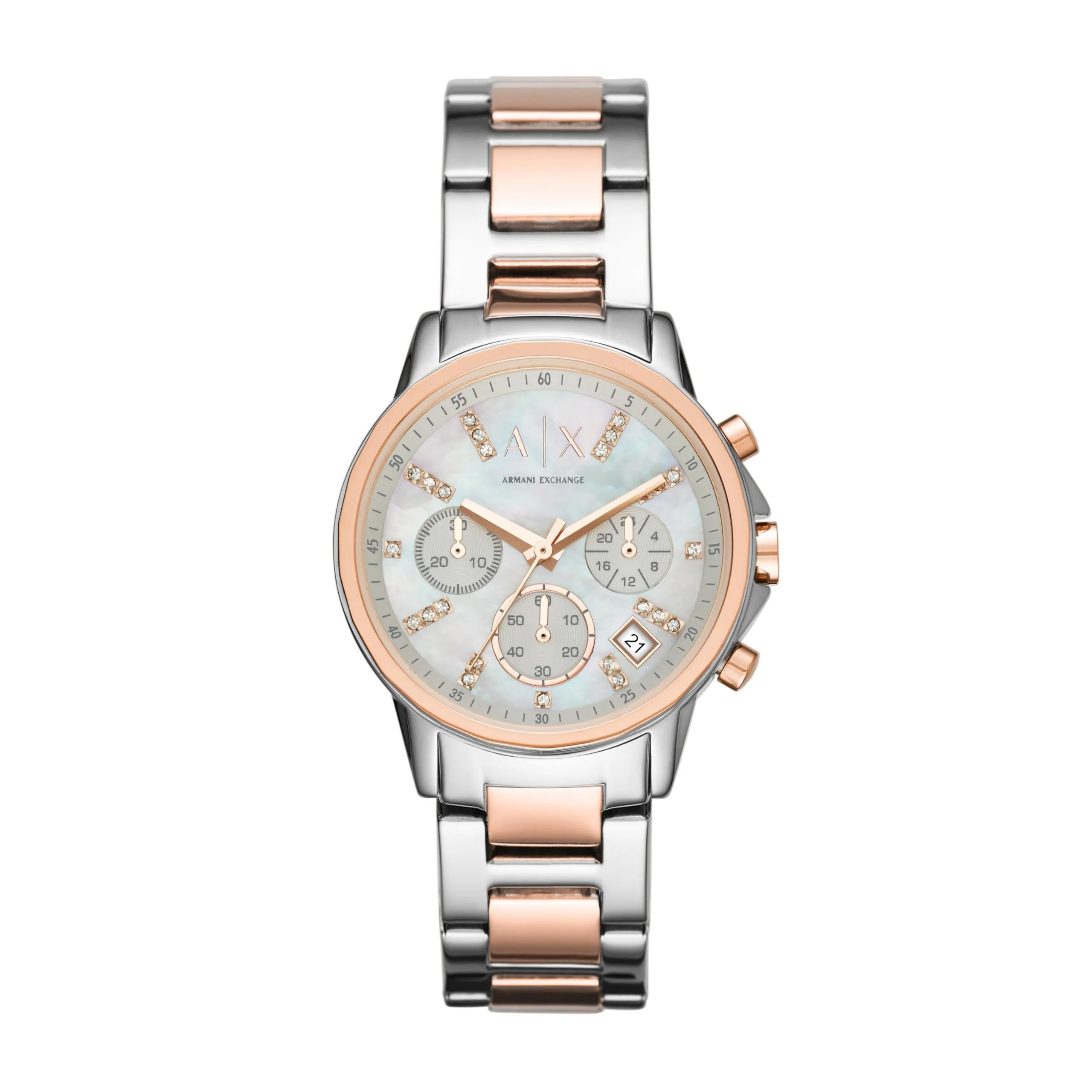 Armani Exchange Orologio da donna, cronografo al quarzo, cassa in acciaio inossidabile da 36 mm, 2t/rosa con bracciale in acciaio inossidabile, AX4331, Tono argento e tono oro rosa