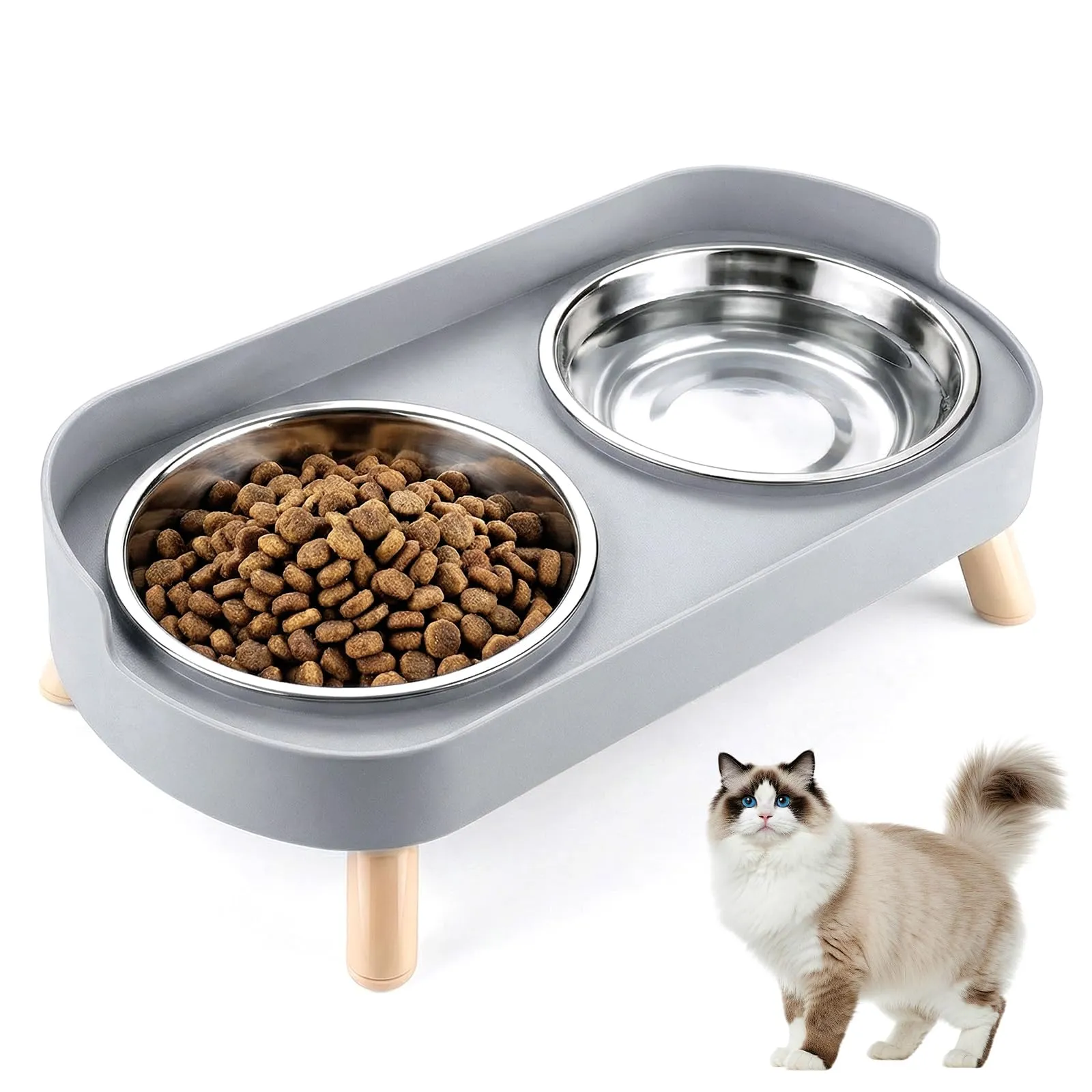2 x set di ciotole rialzate per gatti, in acciaio inox, doppie ciotole per gatti con supporto e paraspruzzi, antiscivolo, set di ciotole da pasto e per l'acqua per gatti e cani di piccola taglia