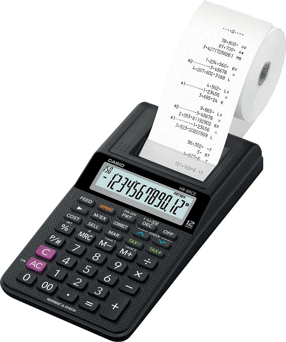 Calcolatrice stampante desktop compatta Casio HR-8RCE - Schermo a 12 cifre - Stampa 2 righe al secondo - Colore nero