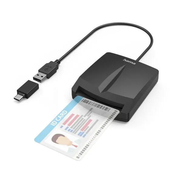 Lettore di smart card Hama Single - Indicatore LED - Cavo USB-A integrato - Adattatore USB-C - Nero