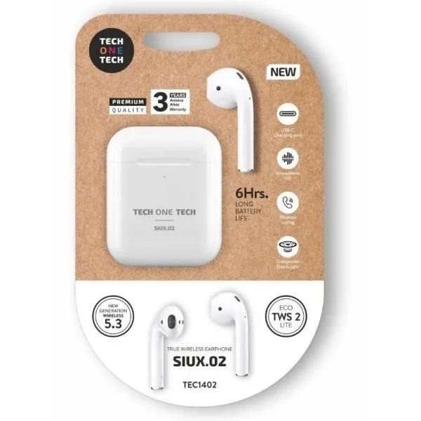 Cuffie wireless Bluetooth TechOneTech SIUX.02 TWS - Fino a 20 ore di riproduzione - IPX5 - Bianche