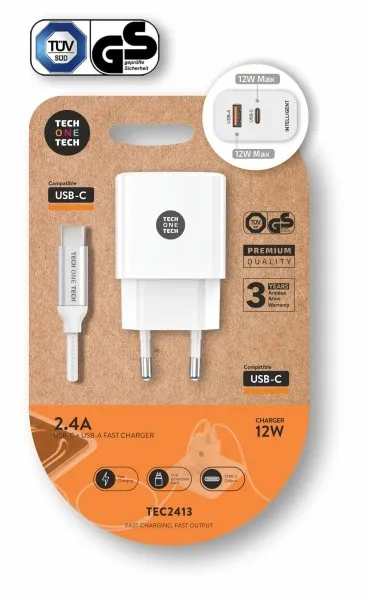 Caricabatterie da parete doppio TechOneTech + cavo da USB-A a USB-C da 1 m - Rivestimento in nylon intrecciato bianco