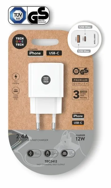 Caricabatterie da parete doppio TechOneTech da 12 W USB-A a USB-C bianco