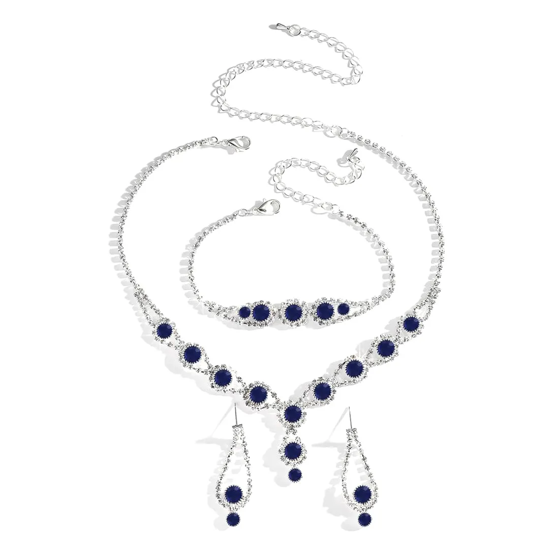 AOWVUTS Cristallo Set di Gioielli da Sposa Donne Argento Parure Gioielli con Strass Rotondo Collana Orecchini Pendenti Bracciale Set Gioielli da Zirconia Cubica (Blu)